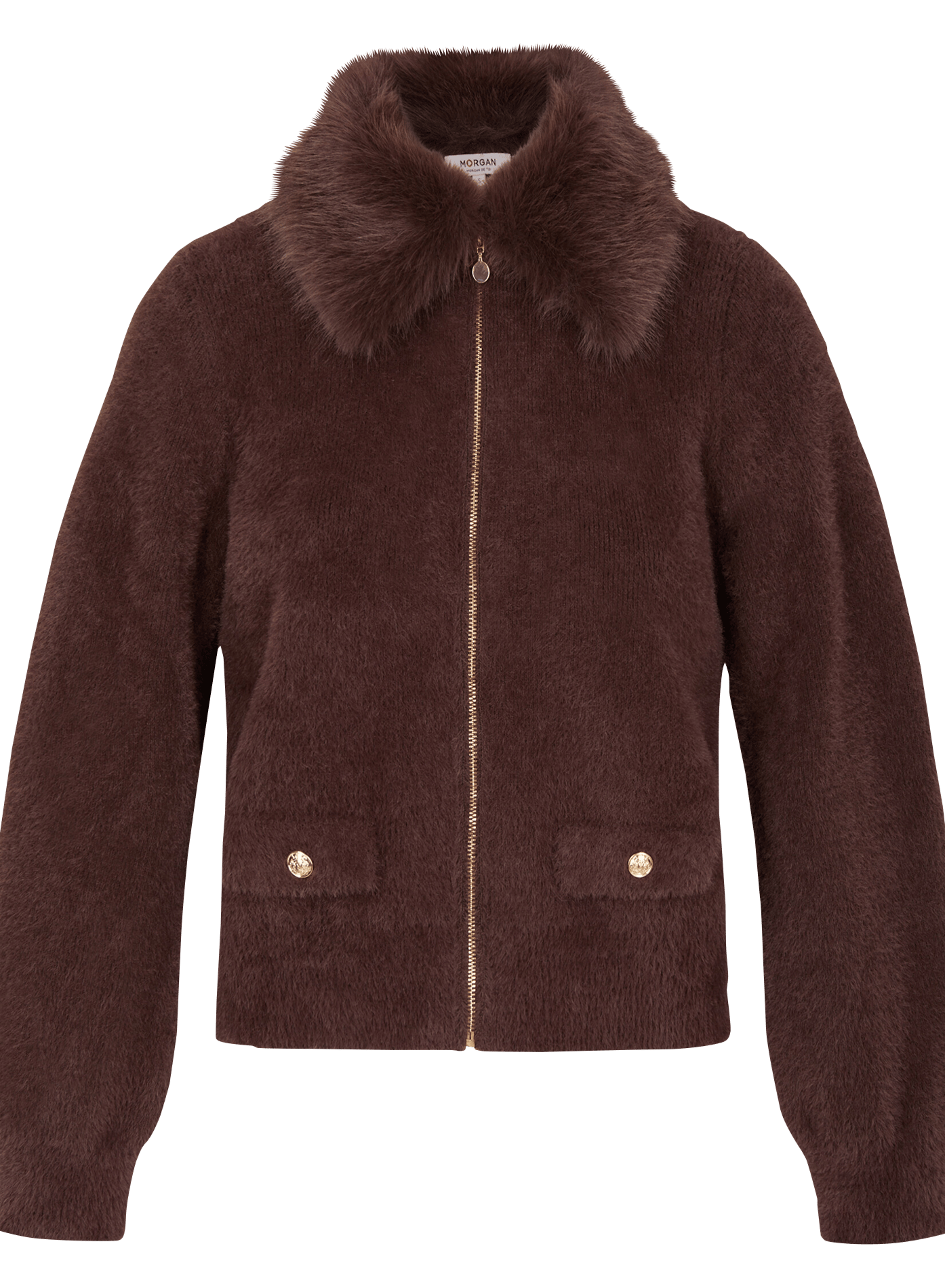 Gebreid vest met ritssluiting en kraag met bontlook MORGAN Bruin