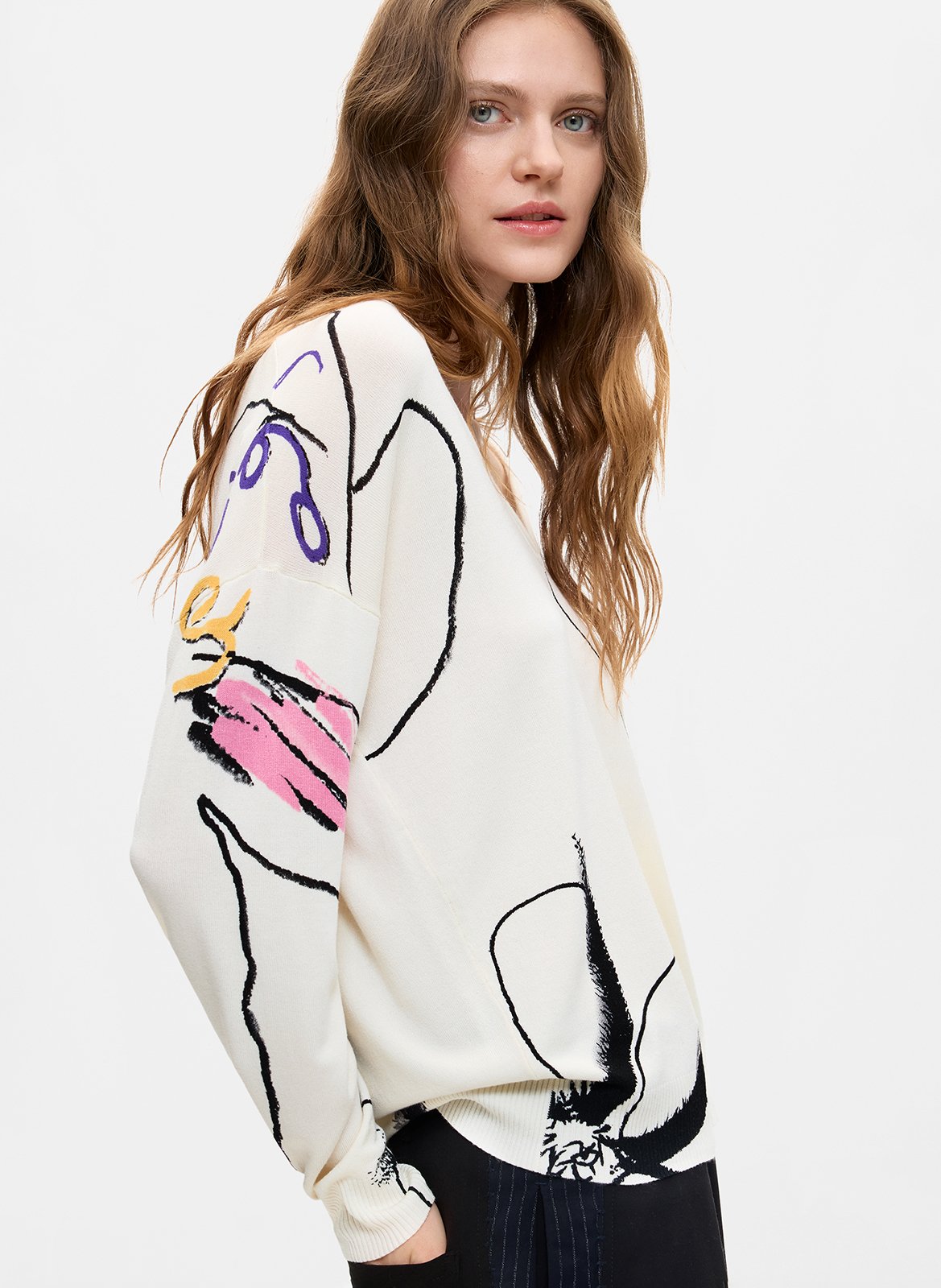 Pull col V  DESIGUAL Blanc