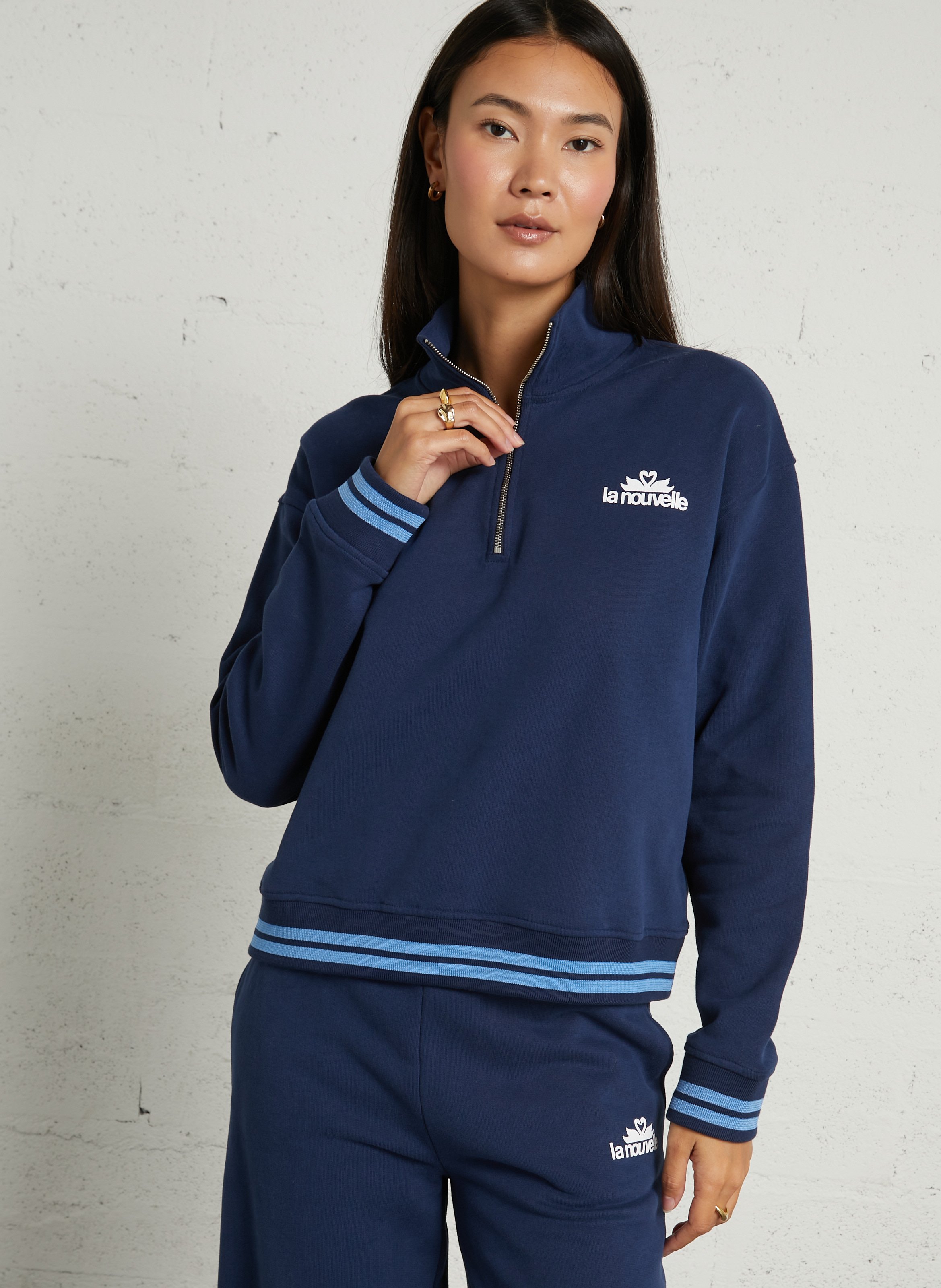 Sweater with logo and high collar in organic cotton LA NOUVELLE Blue