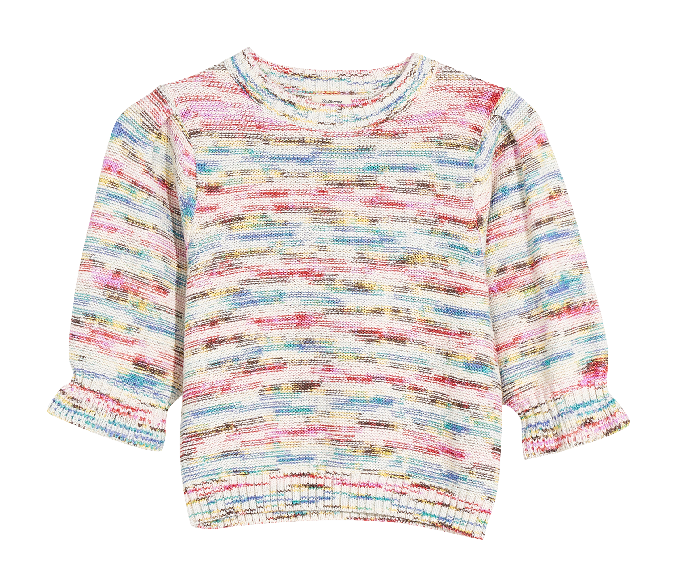 - Round neck
- 3/4 sleeves with gathered hems
- Ribbed trim finish
- Straight cut
- Cotton blend BELLEROSE Grey