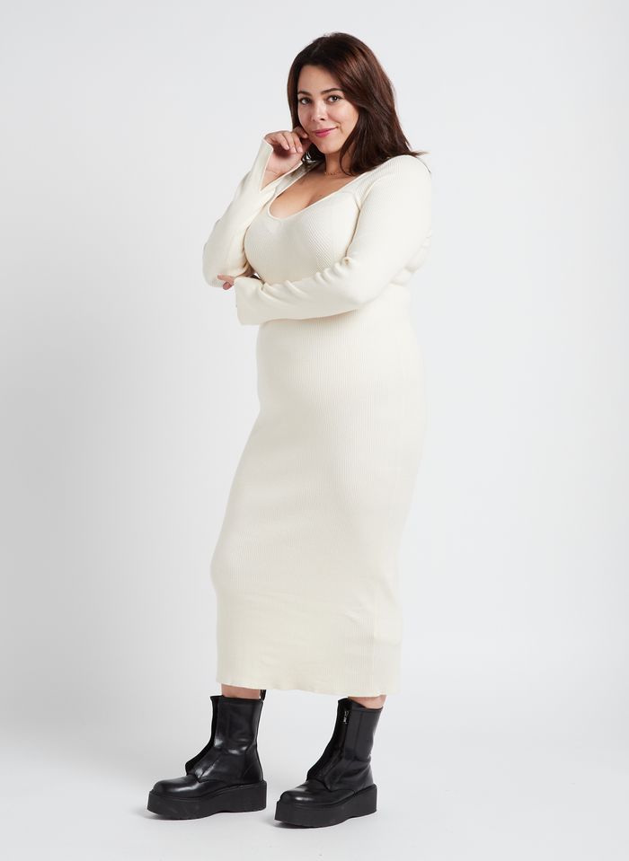 Long Round-neck Ribbed-knit Dress Knit White Gina Tricot - Women