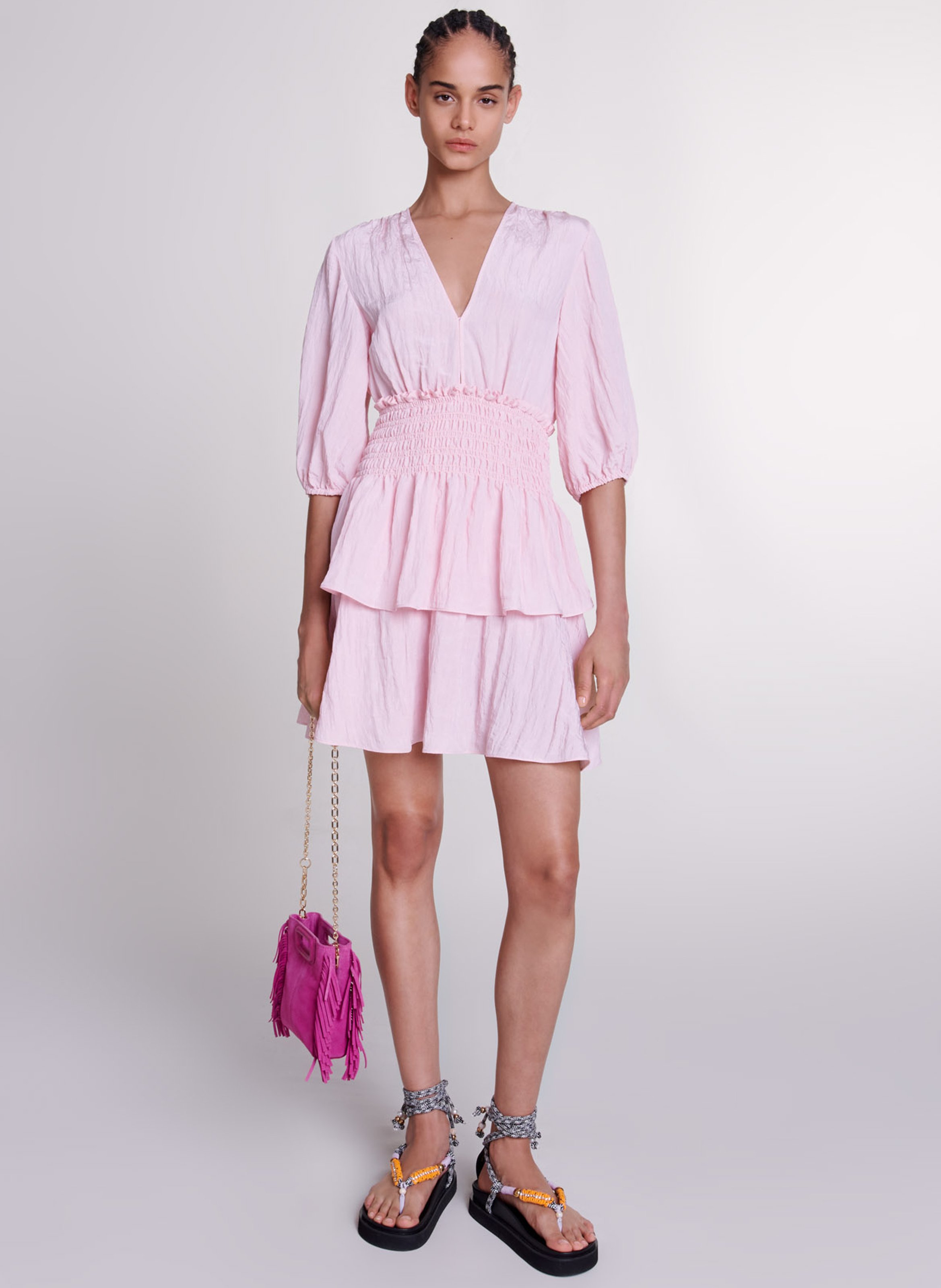 Robe Courte Col V a Volants Rose Pale Maje Femme MFPRO03394 0856 ROSE PALE Place des Tendances