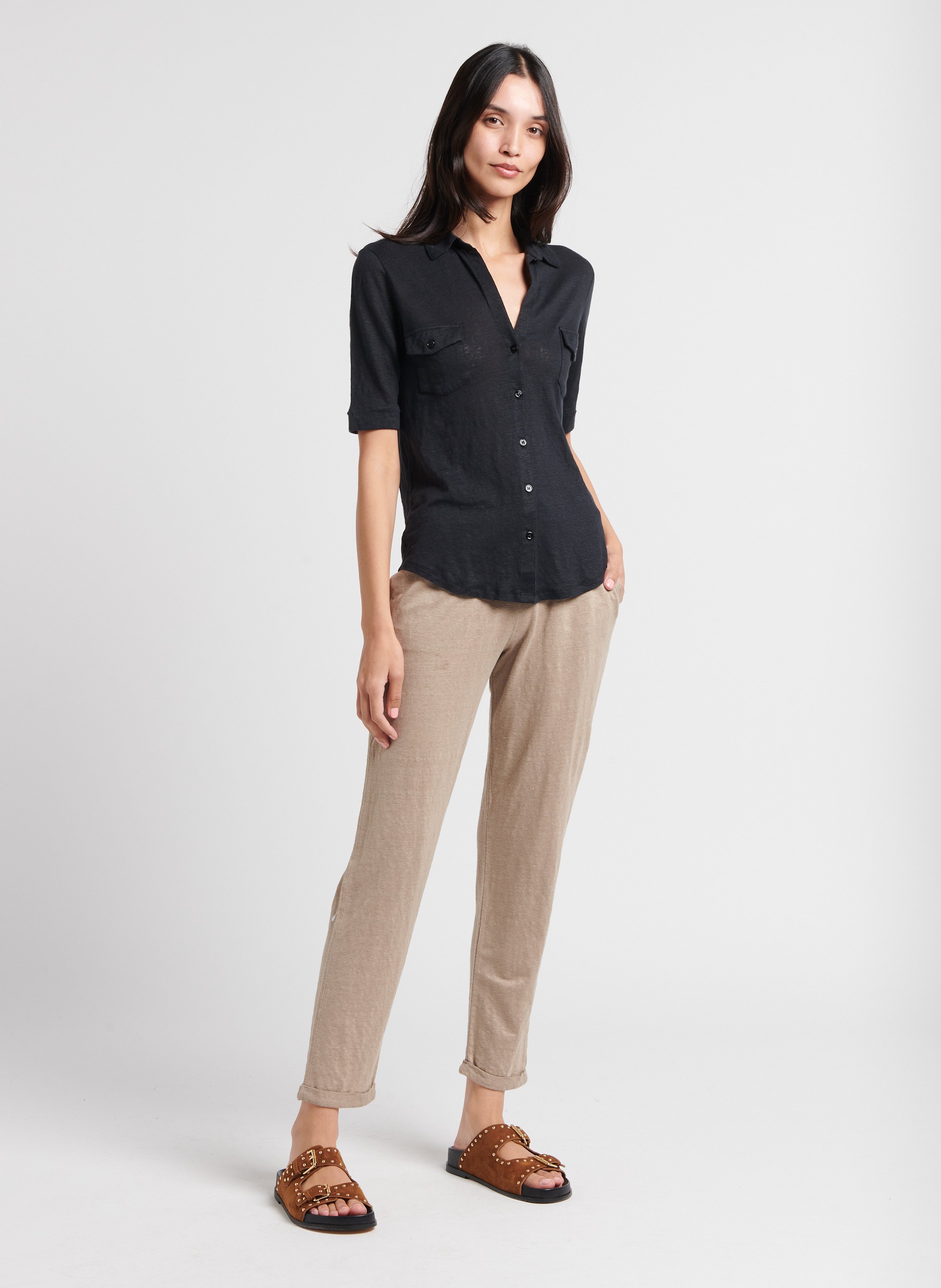 Linen-blend shirt with classic collar MAJESTIC FILATURES Black