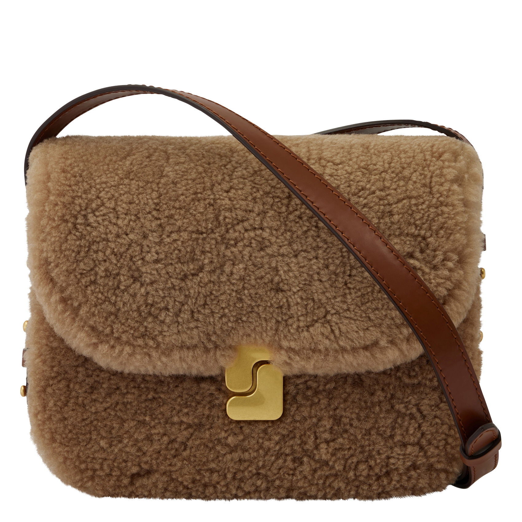 Sac bi-matière en cuir glacé et shearling  SOEUR Marron