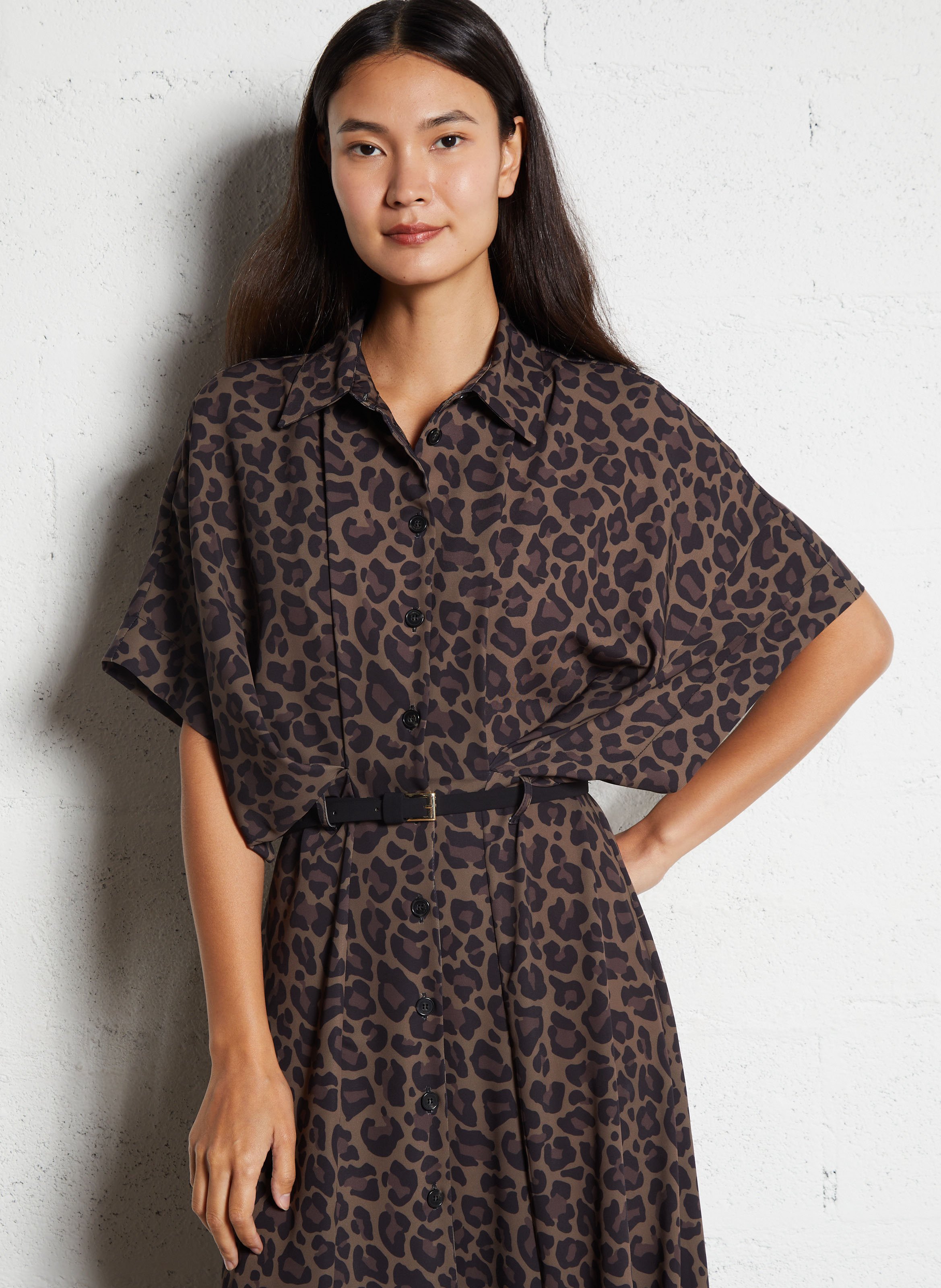 Long printed dress with classic collar IMPERIAL Brown