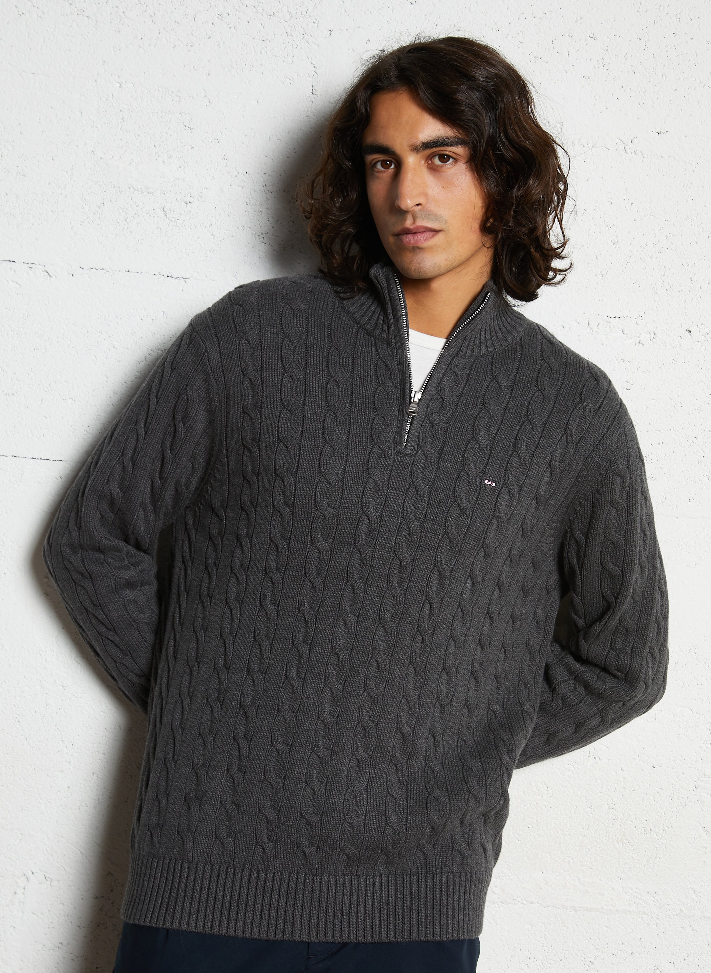 Pull droit col montant brodé en coton torsadé EDEN PARK