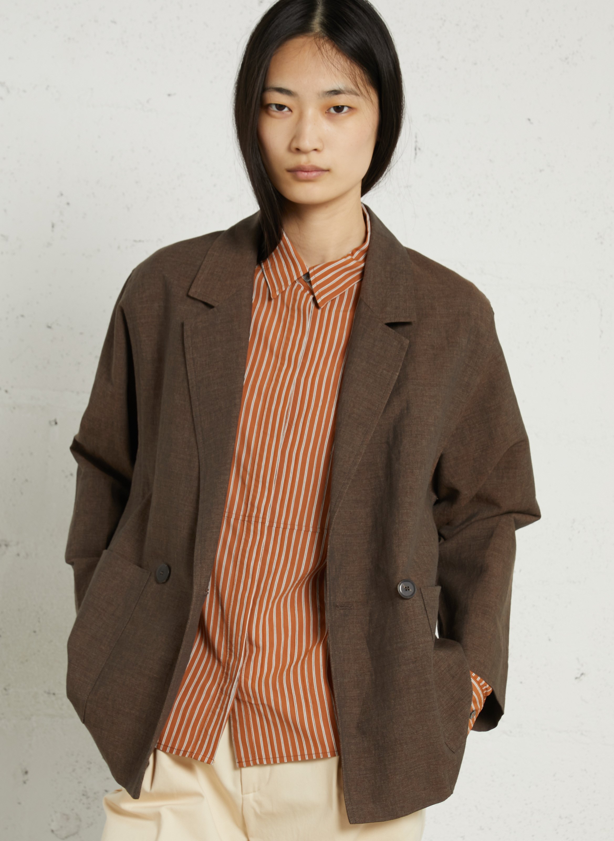 Straight tailored blazer in linen and cotton POMANDERE Brown