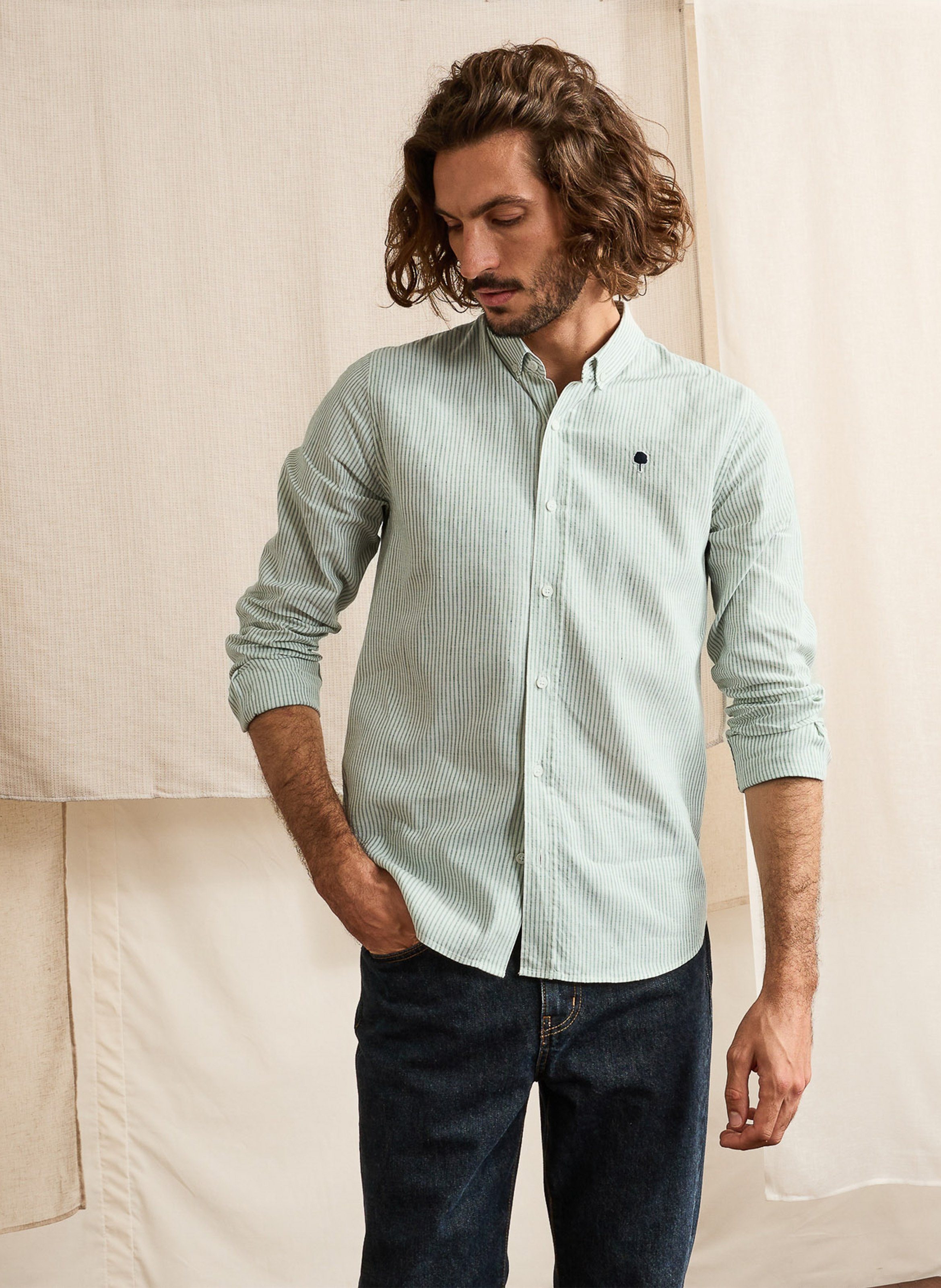 Rechte gestreepte katoenen en linnen blouse FAGUO Groen