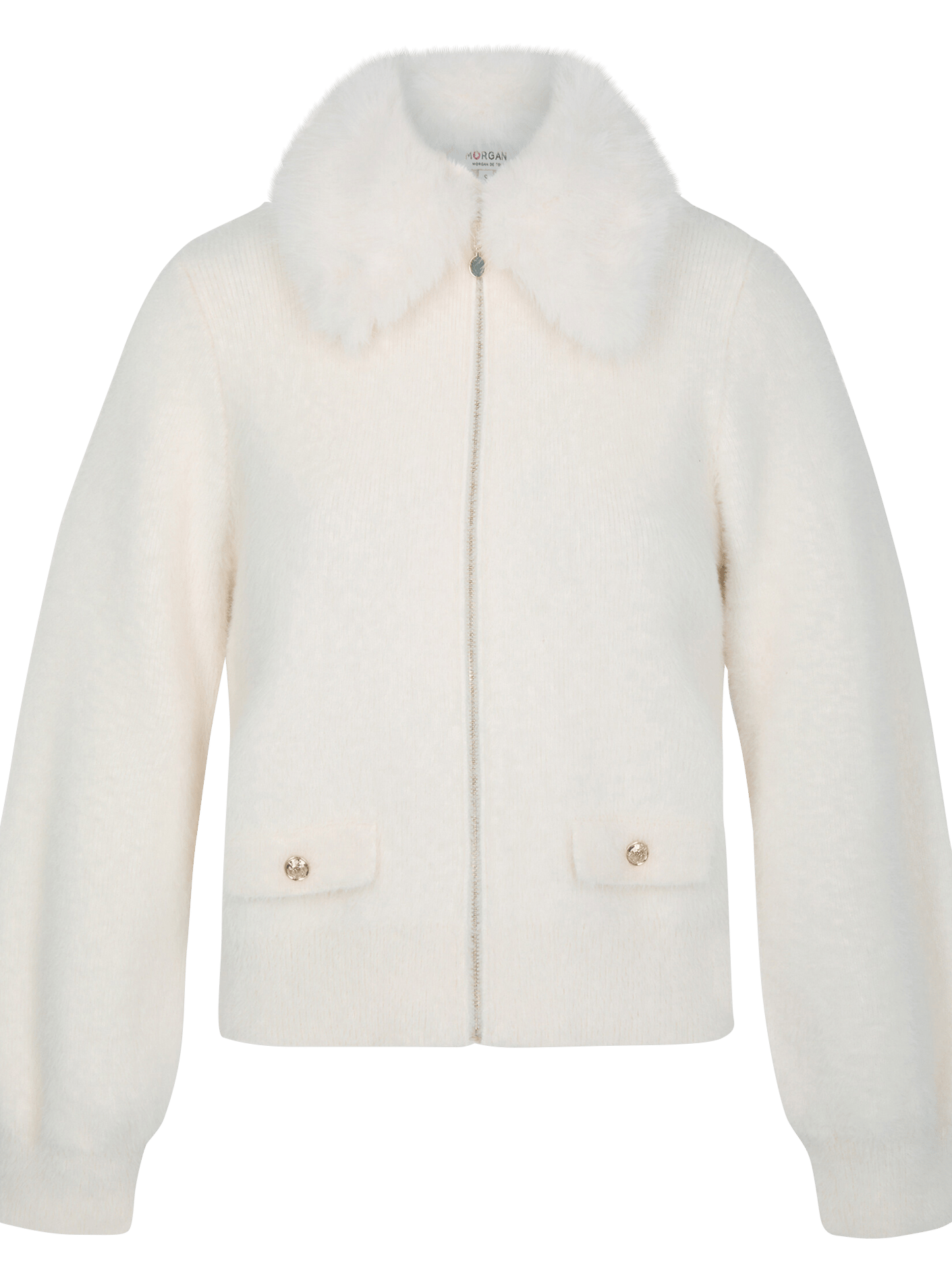 Gebreid vest met ritssluiting en kraag met bontlook MORGAN Beige