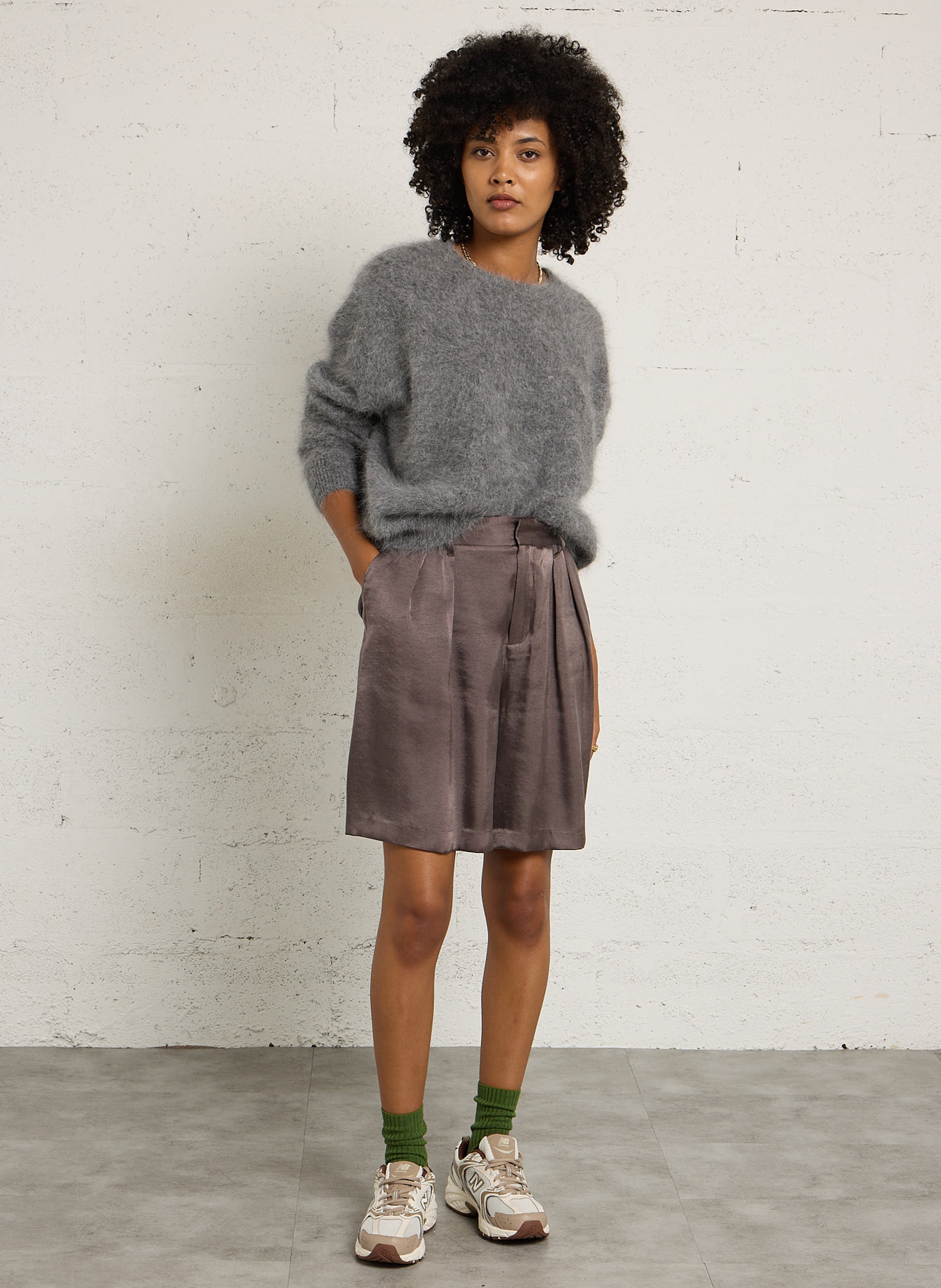 Pull oversize col rond en angora mélangé BELLEROSE Gris