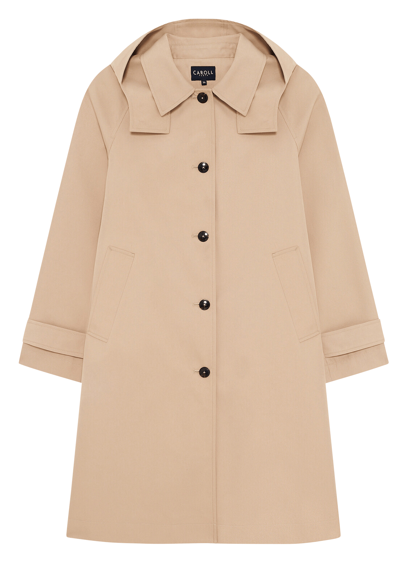 Mittellanger einfarbiger Trenchcoat mit Kapuze CAROLL Beige