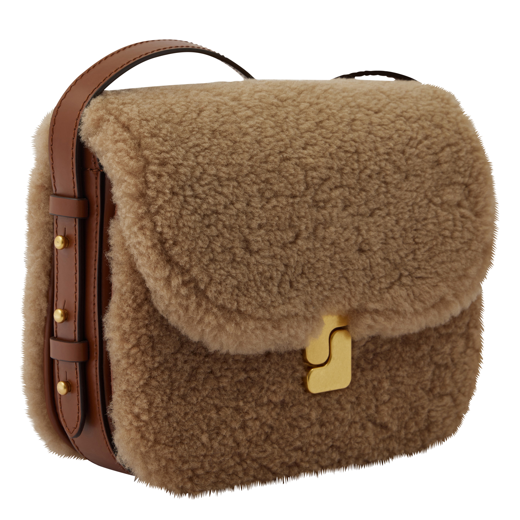 Sac bi-matière en cuir glacé et shearling  SOEUR Marron