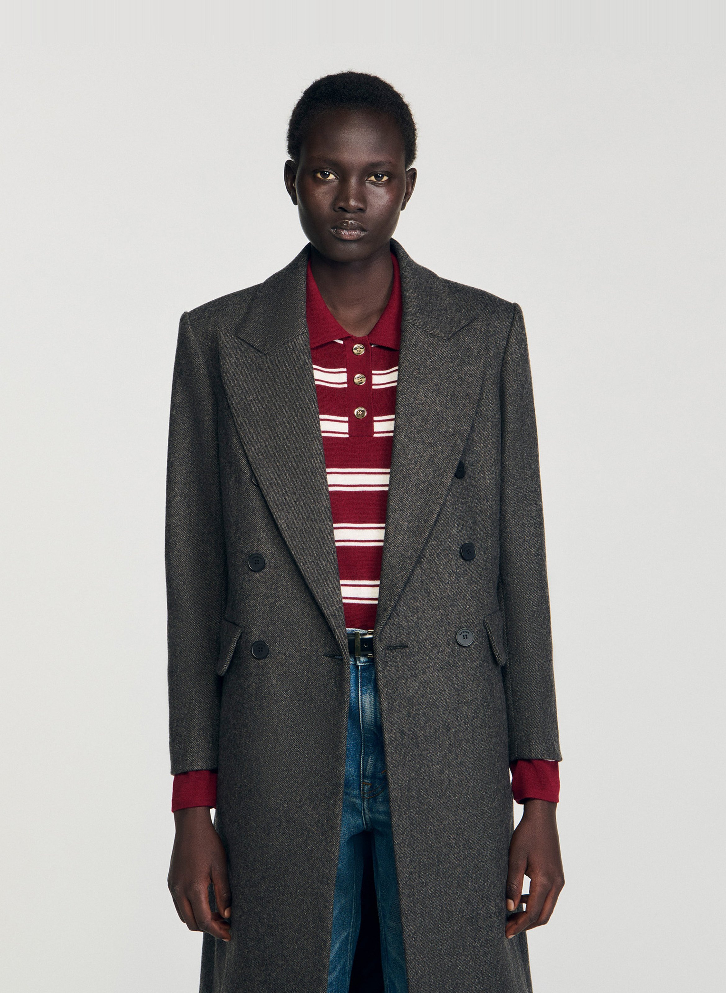 Effen, rechte, wollen jas met lange mouw SANDRO Grijs