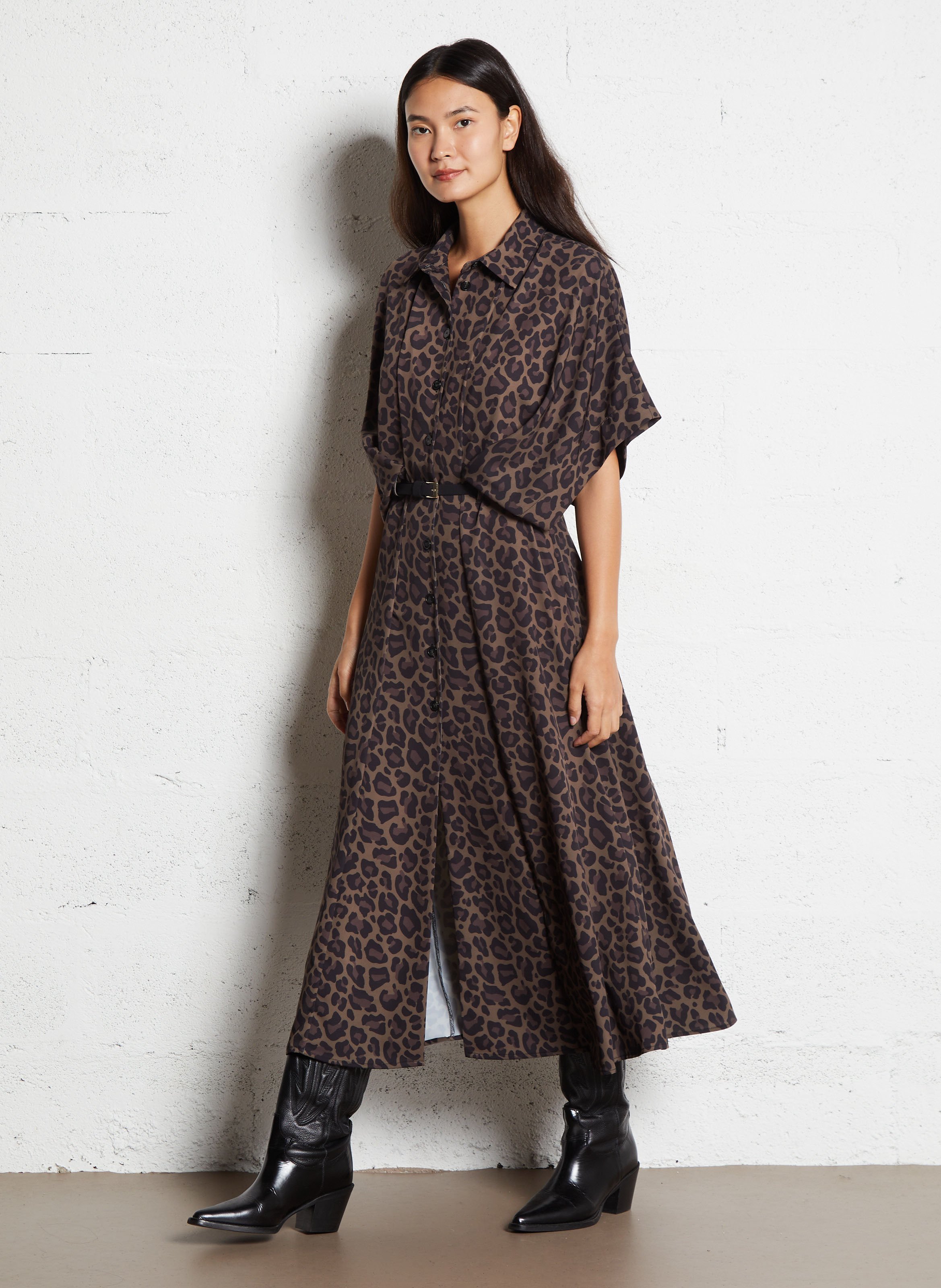 Long printed dress with classic collar IMPERIAL Brown