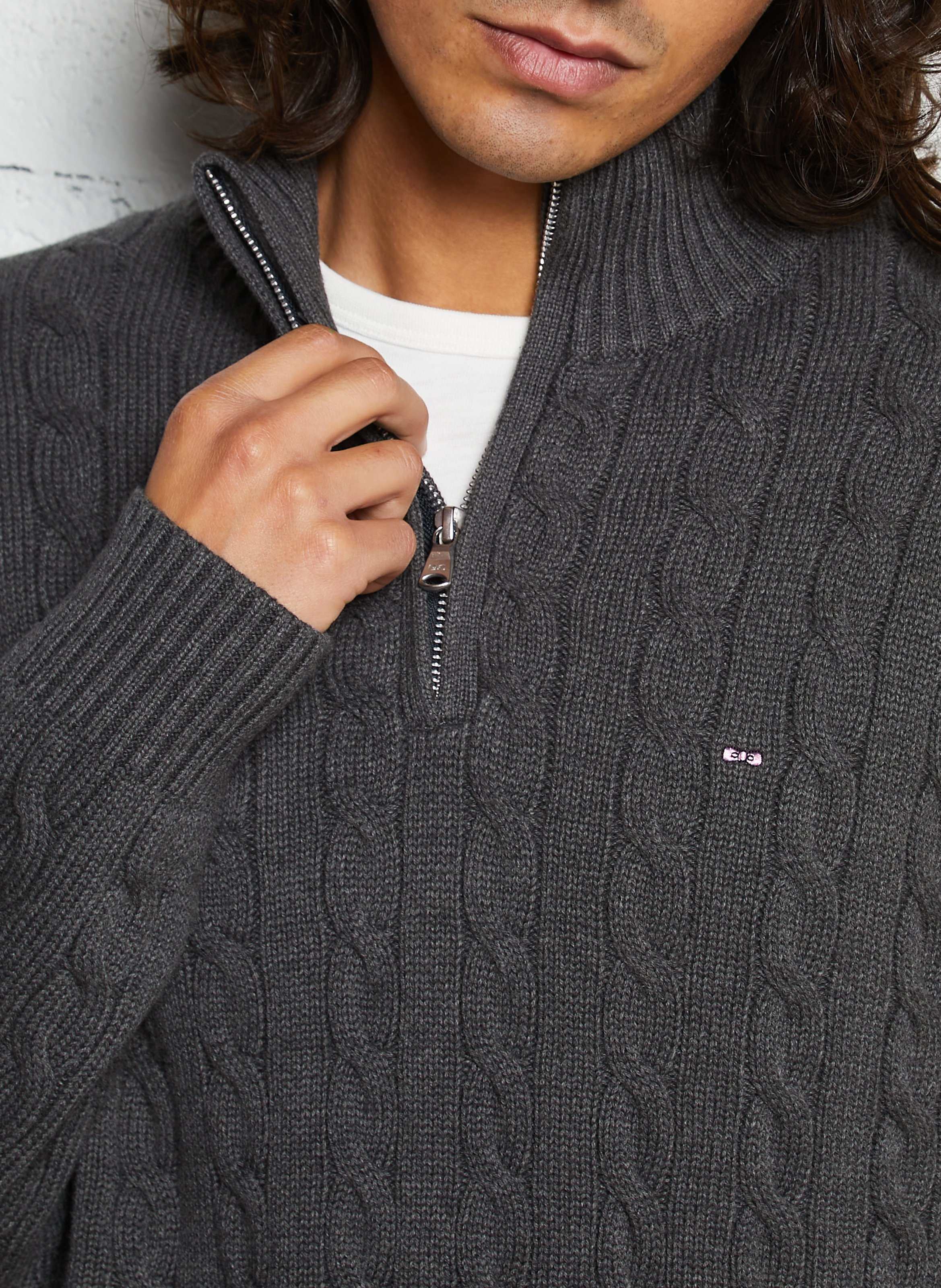 Pull droit col montant brodé en coton torsadé EDEN PARK Gris