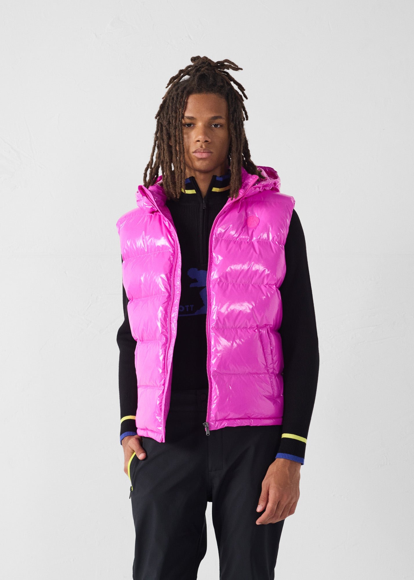 Padded sleeveless down jacket for extreme cold weather. JOTT Pink