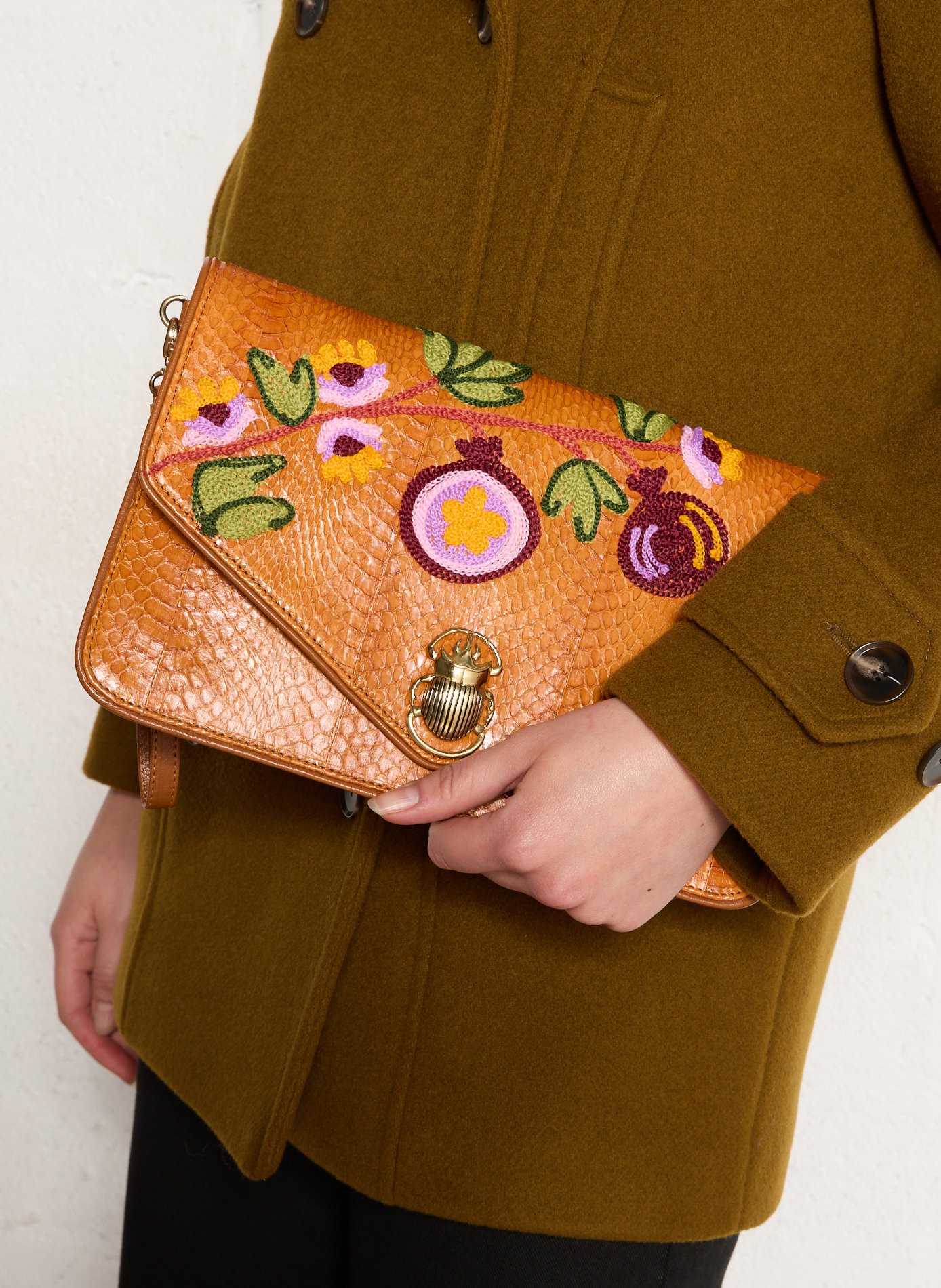 Embroidered python soft clutch CLARIS VIROT Brown