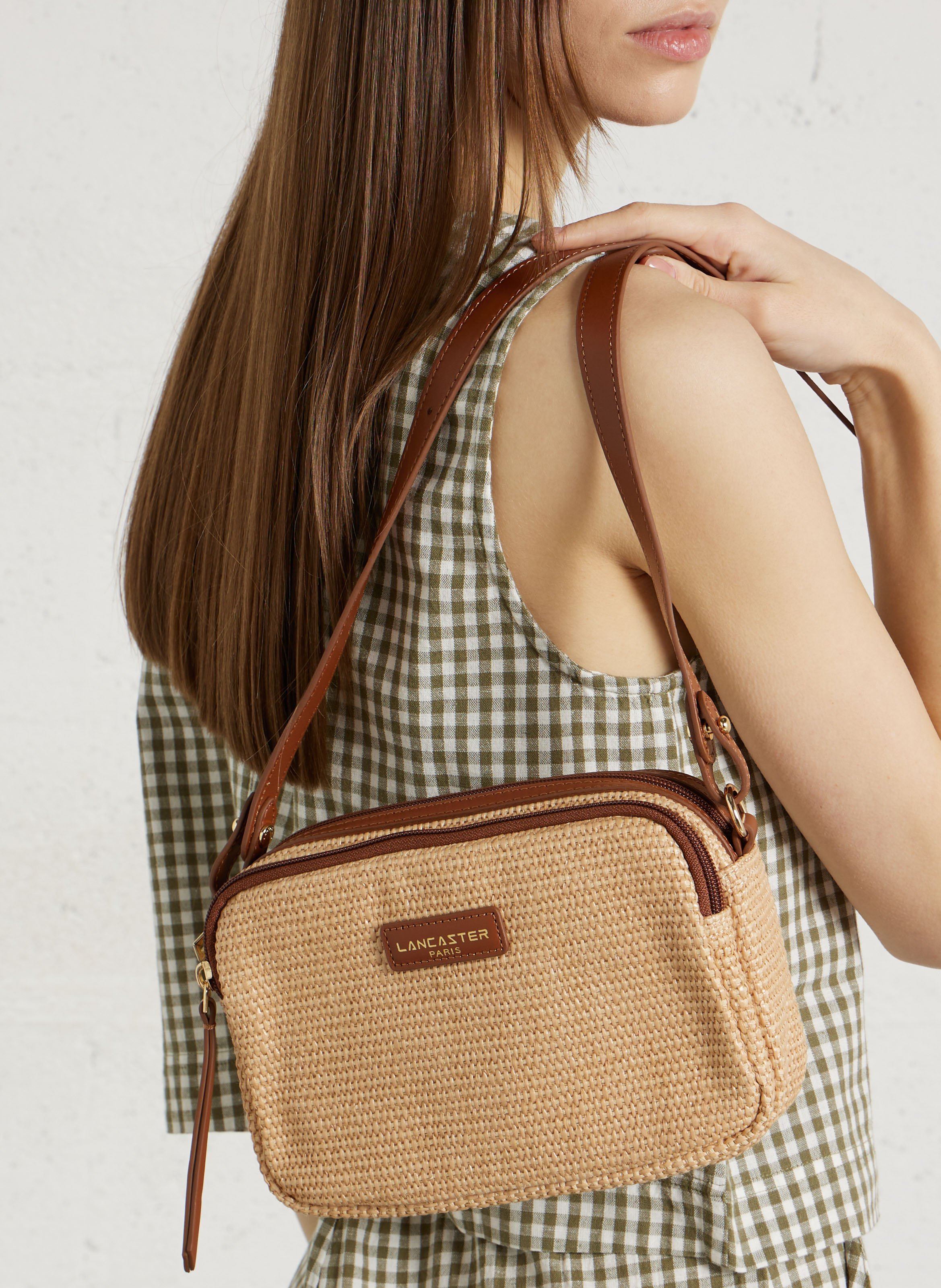 Sac bandoulière en osier et cuir LANCASTER PARIS Marron