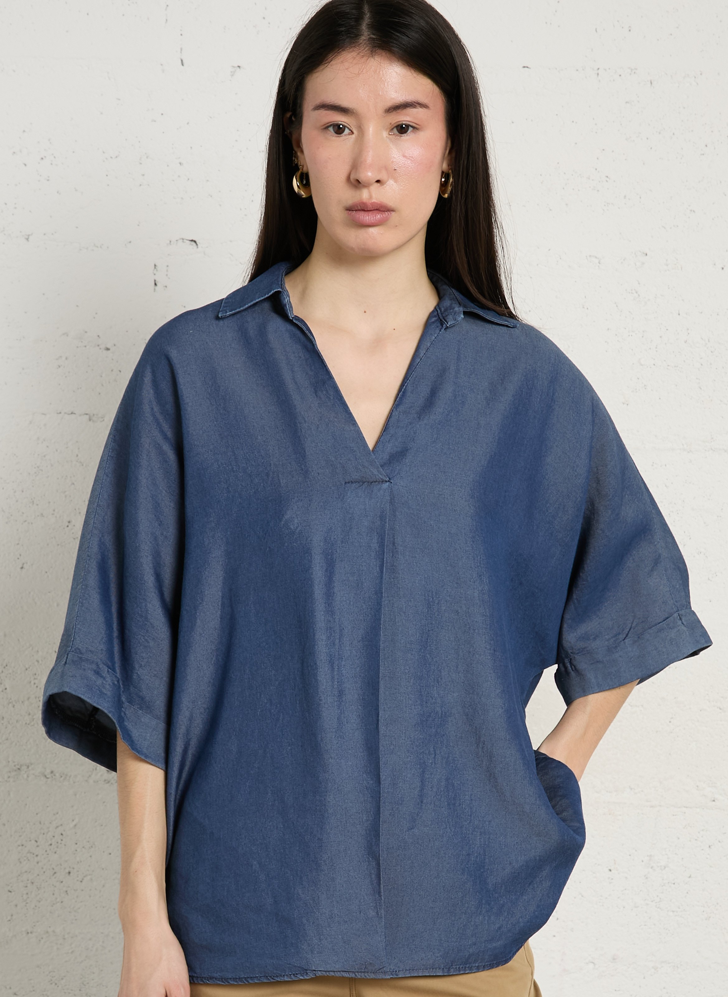 Loose blouse with classic collar PLEASE Blue