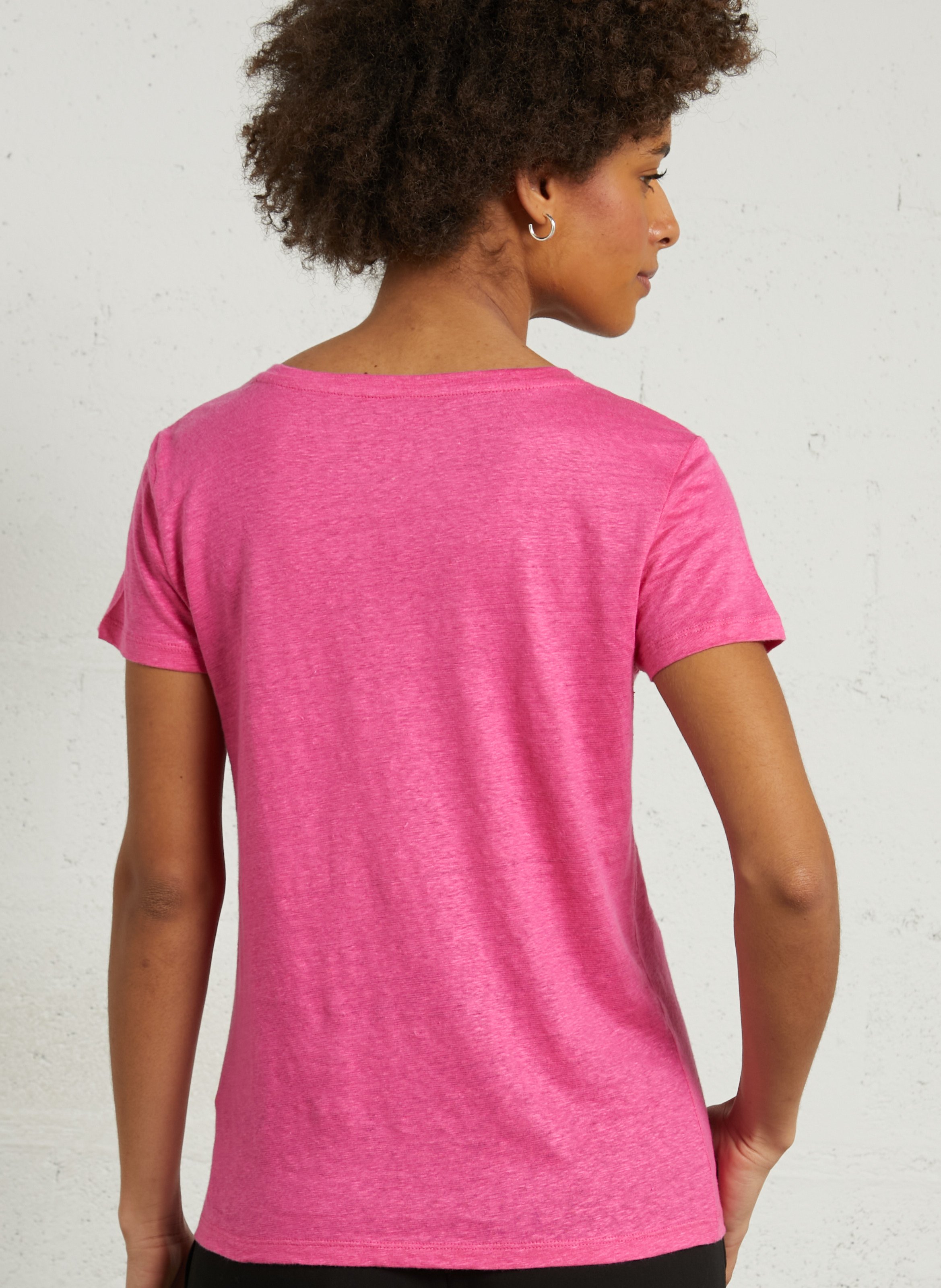 Tee-shirt col V moulant en lin strectch MAJESTIC FILATURES Rose
