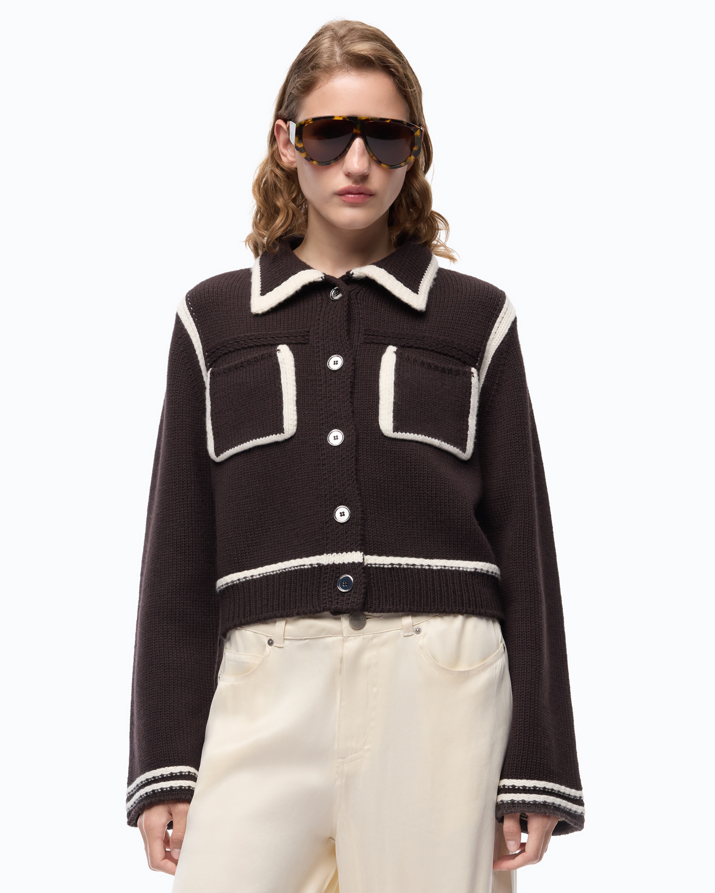 Merino wool jacket with contrasting trims PINKO Brown