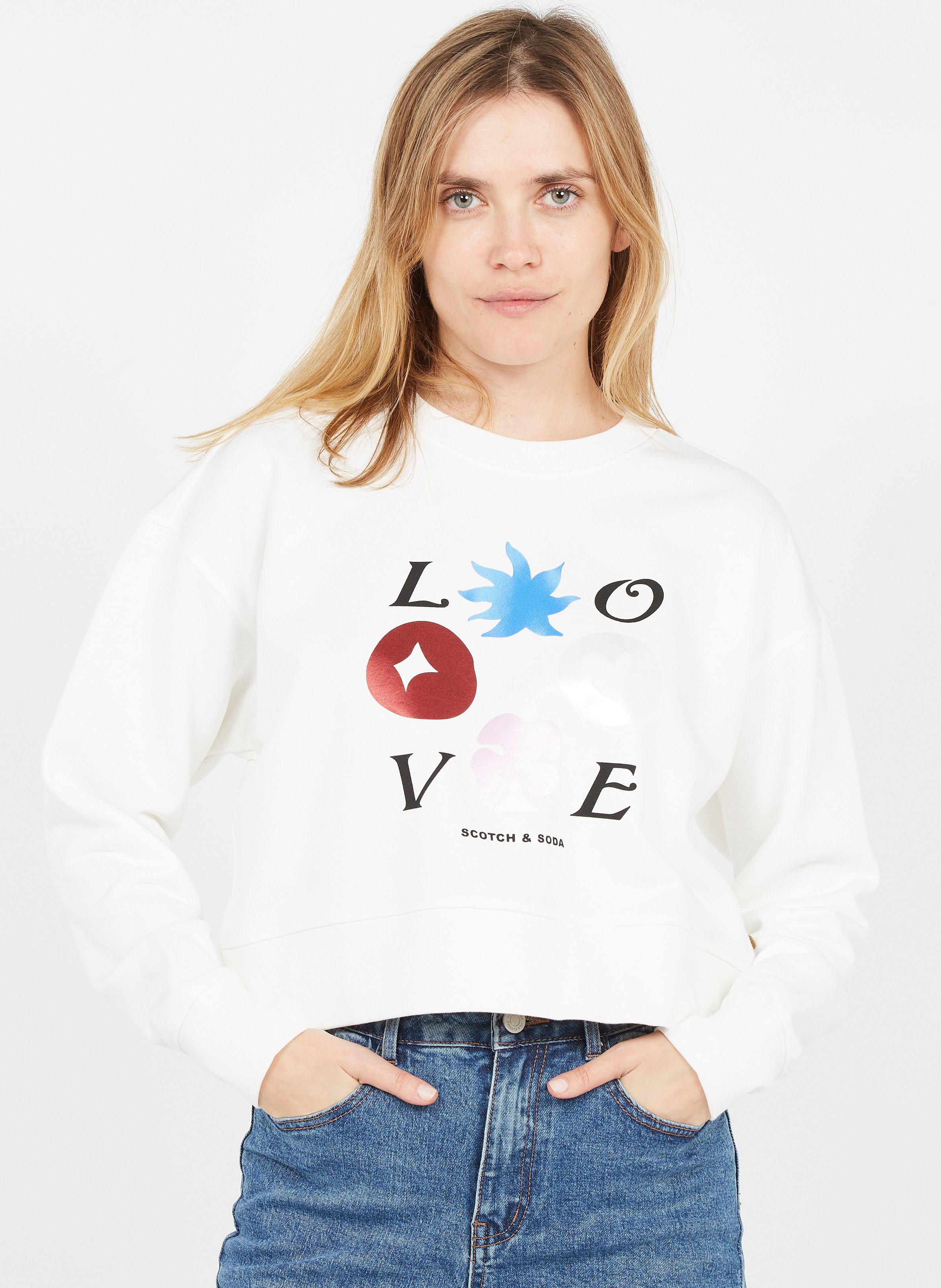 Round-neck Organic Cotton-blend Sweatshirt With Screen Print Off White  Scotch And Soda - Women | Place des Tendances