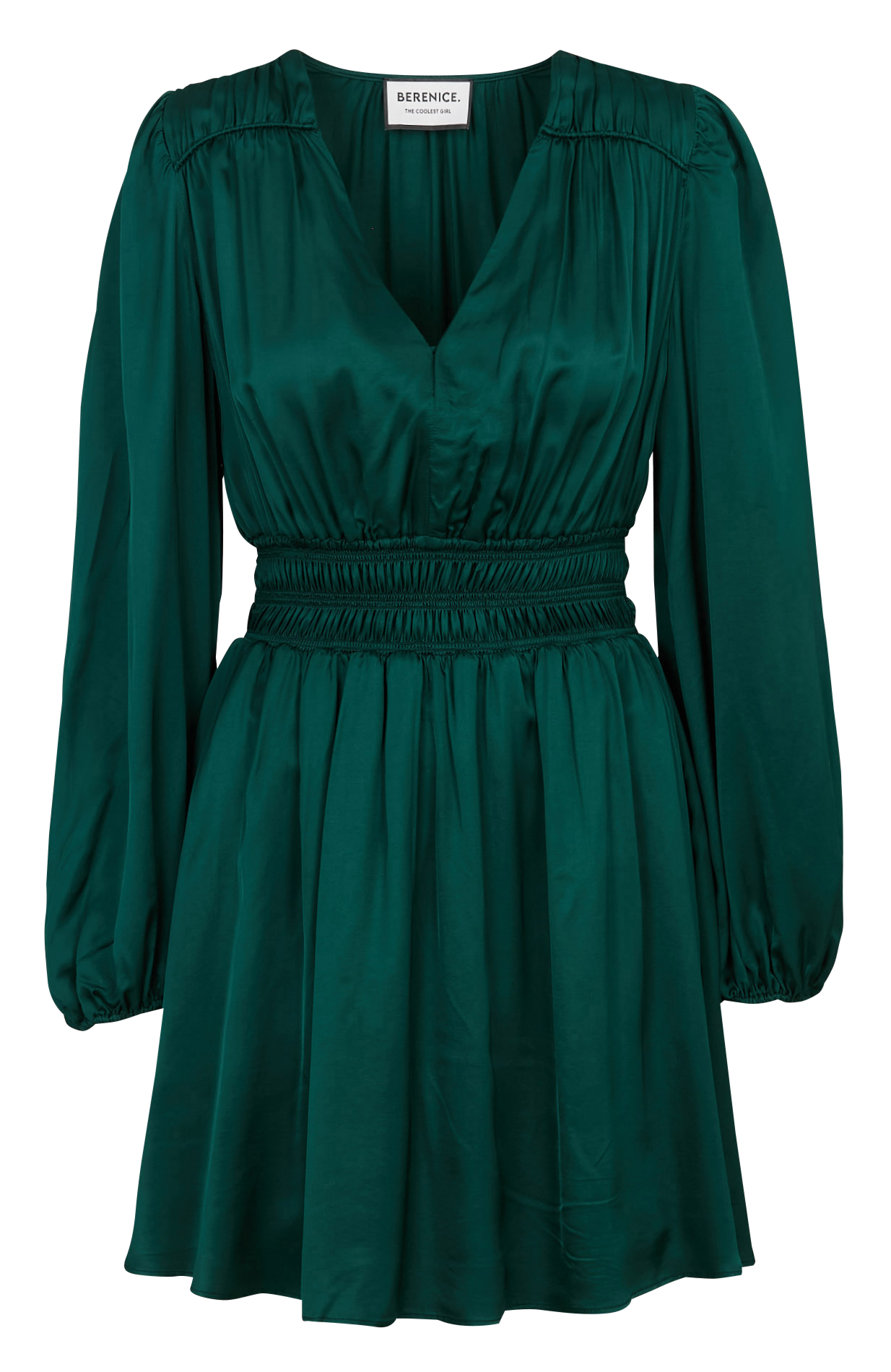 Kurzes tailliertes Satinkleid mit V-Ausschnitt BERENICE Grun