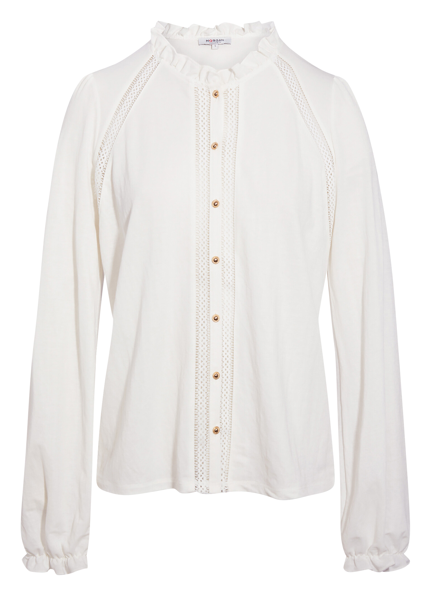 Straight button-up blouse with ruffle details MORGAN White