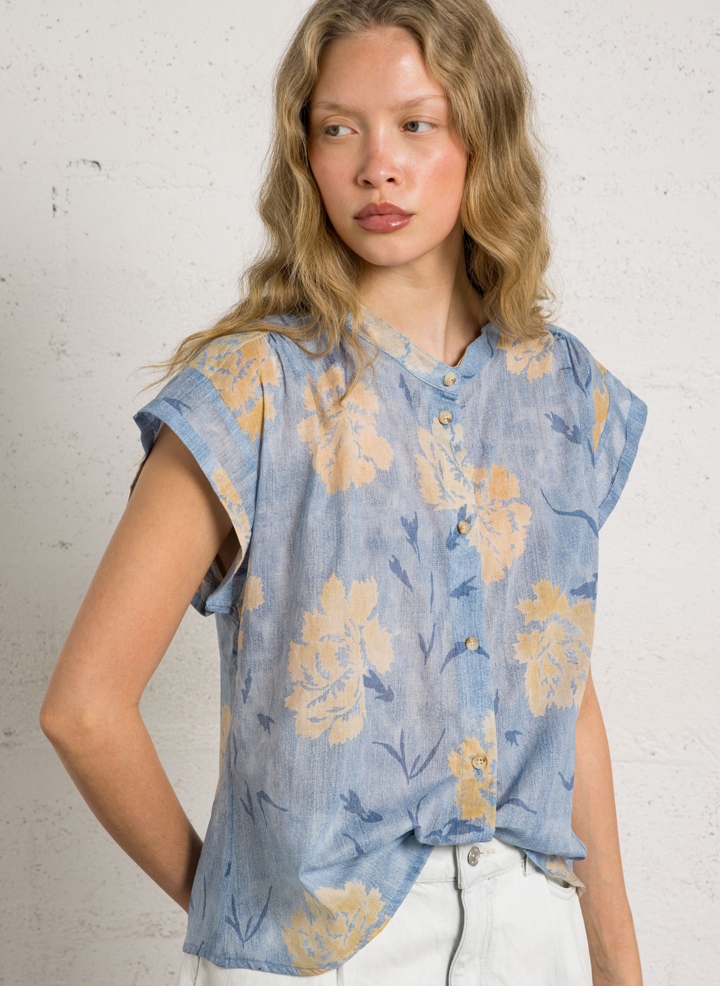 Weite Bluse aus Baumwoll-Mix mit Mao-Kragen HOD PARIS Blau