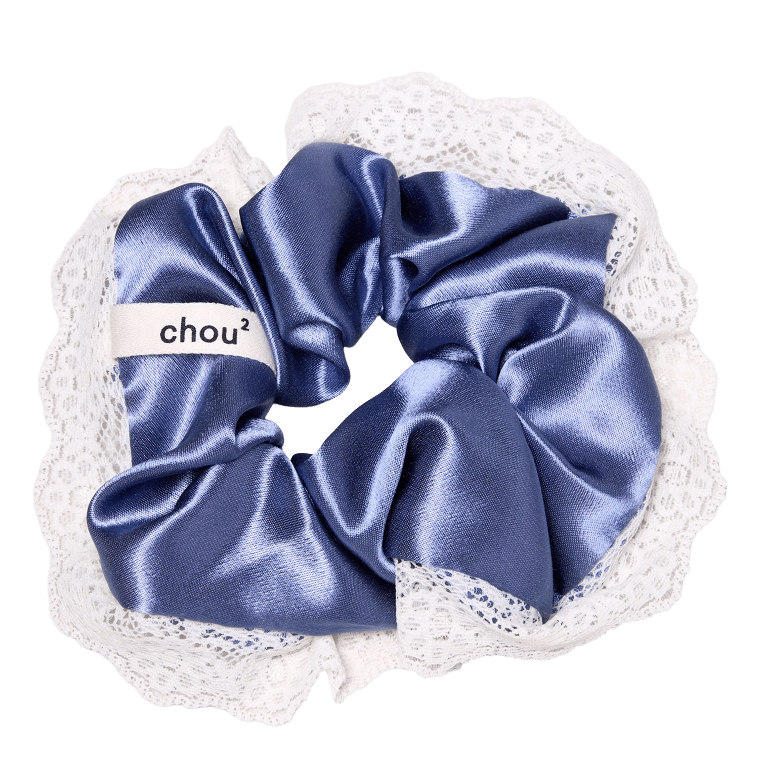 Chouchou en satin avec collerette dentelle CHOU AU CARRE Bleu