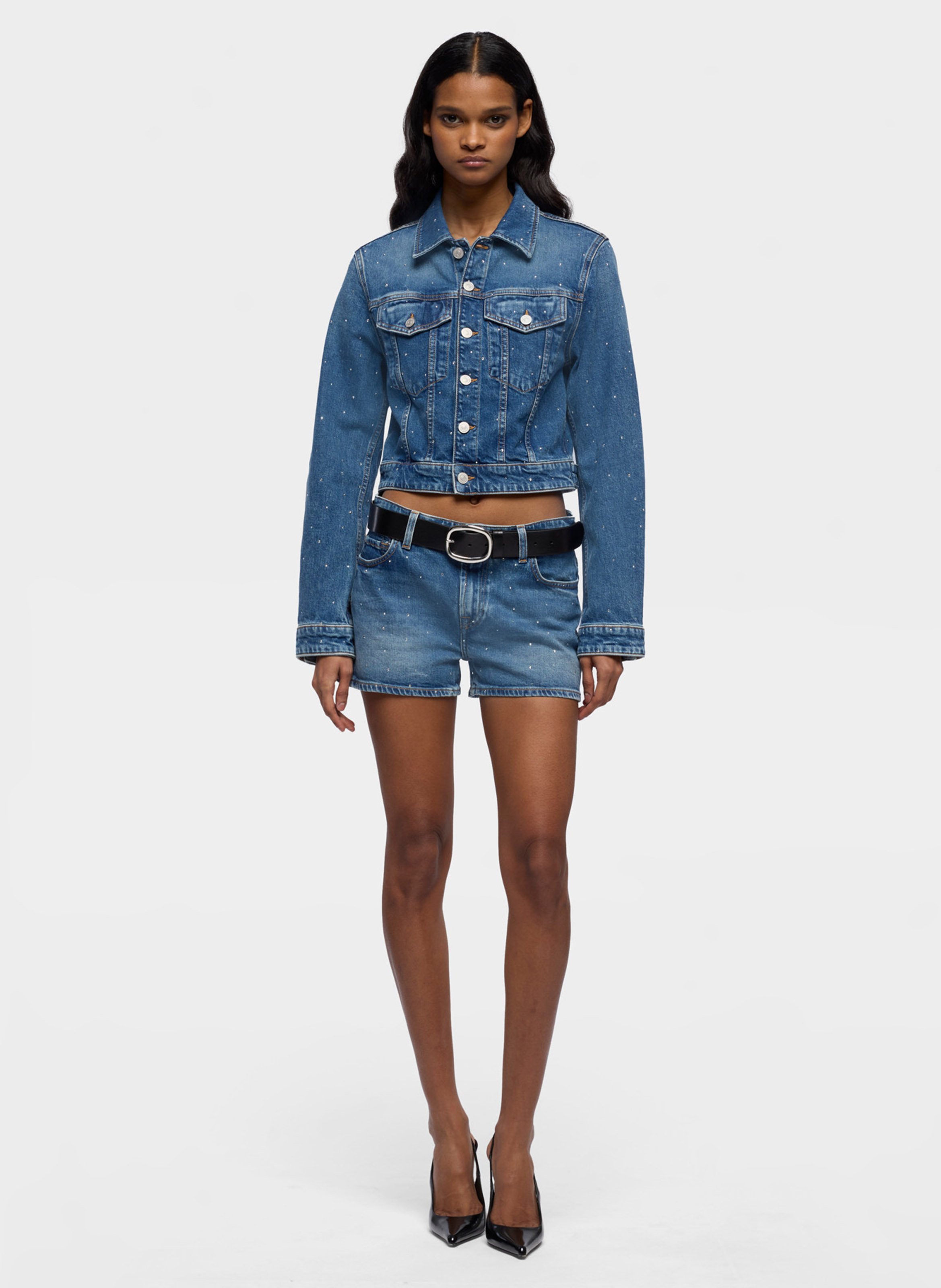 Veste courte en jean à strass 7 FOR ALL MANKIND Bleu