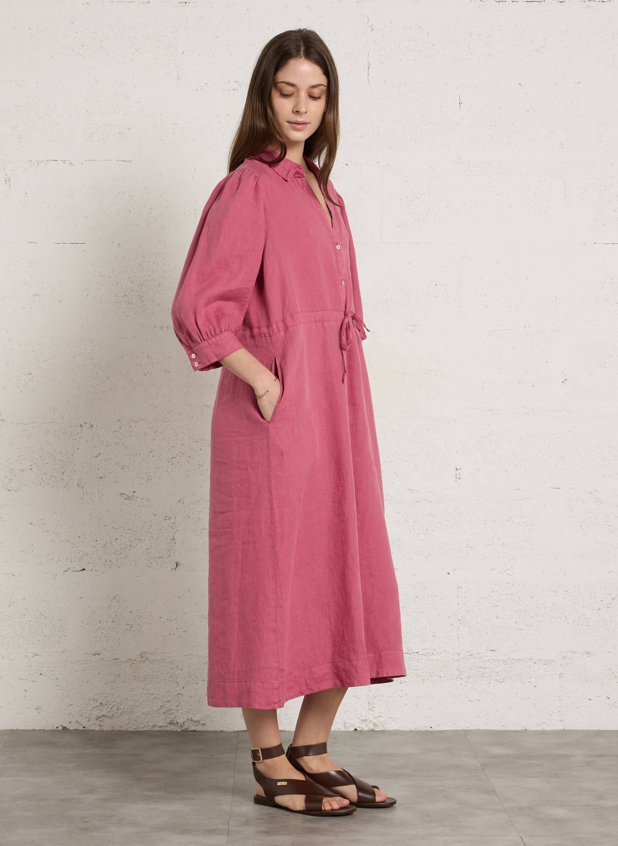 Weites langes Leinenkleid SUD EXPRESS Rosa