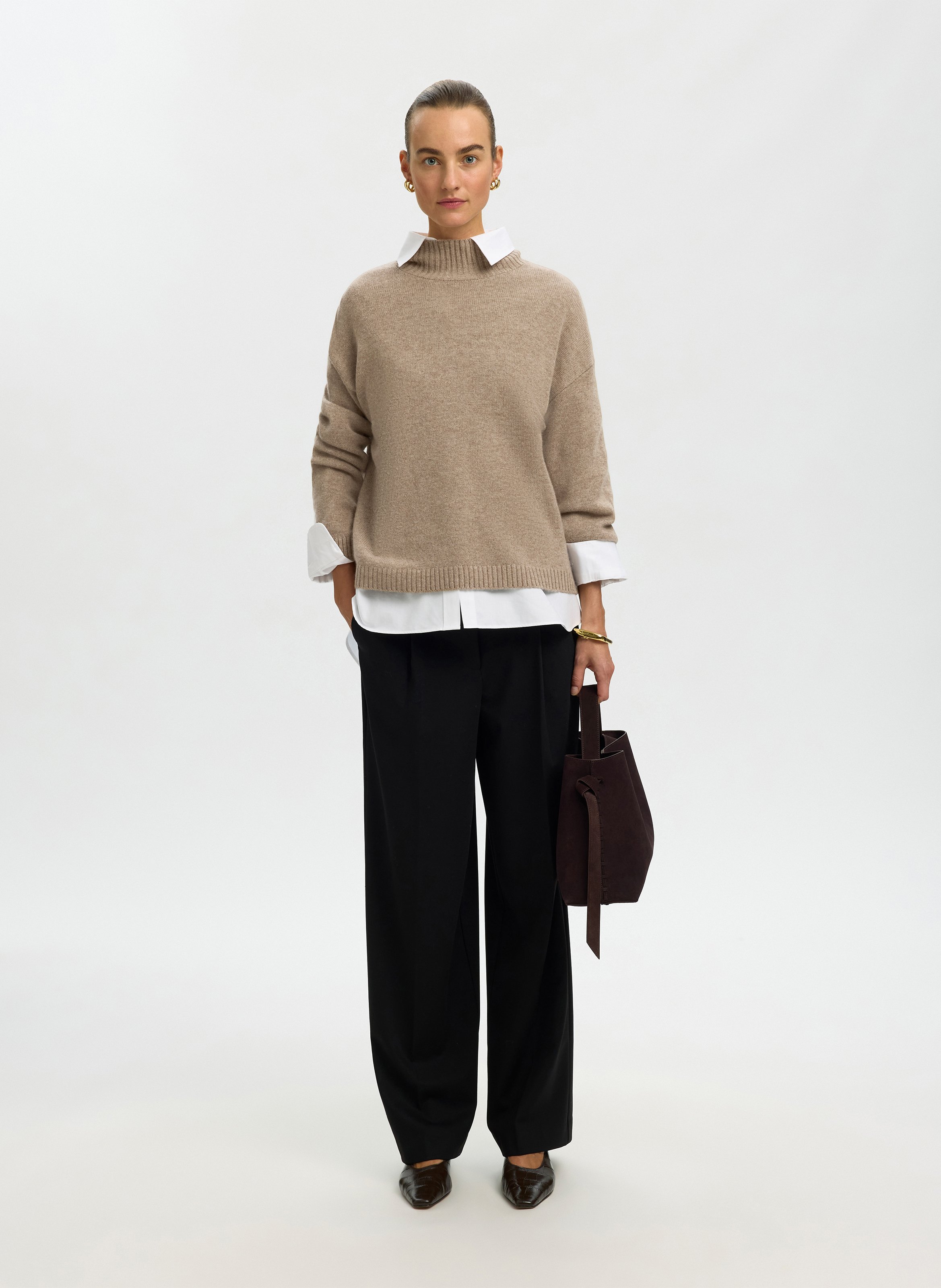 Oversized turtleneck wool and cashmere sweater SELECTED Brown