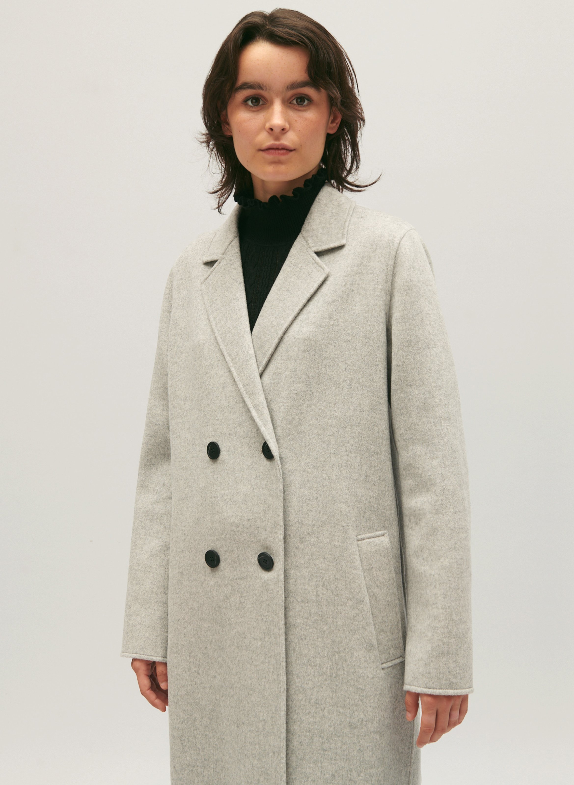 Manteau col tailleur en laine m lang e Gris