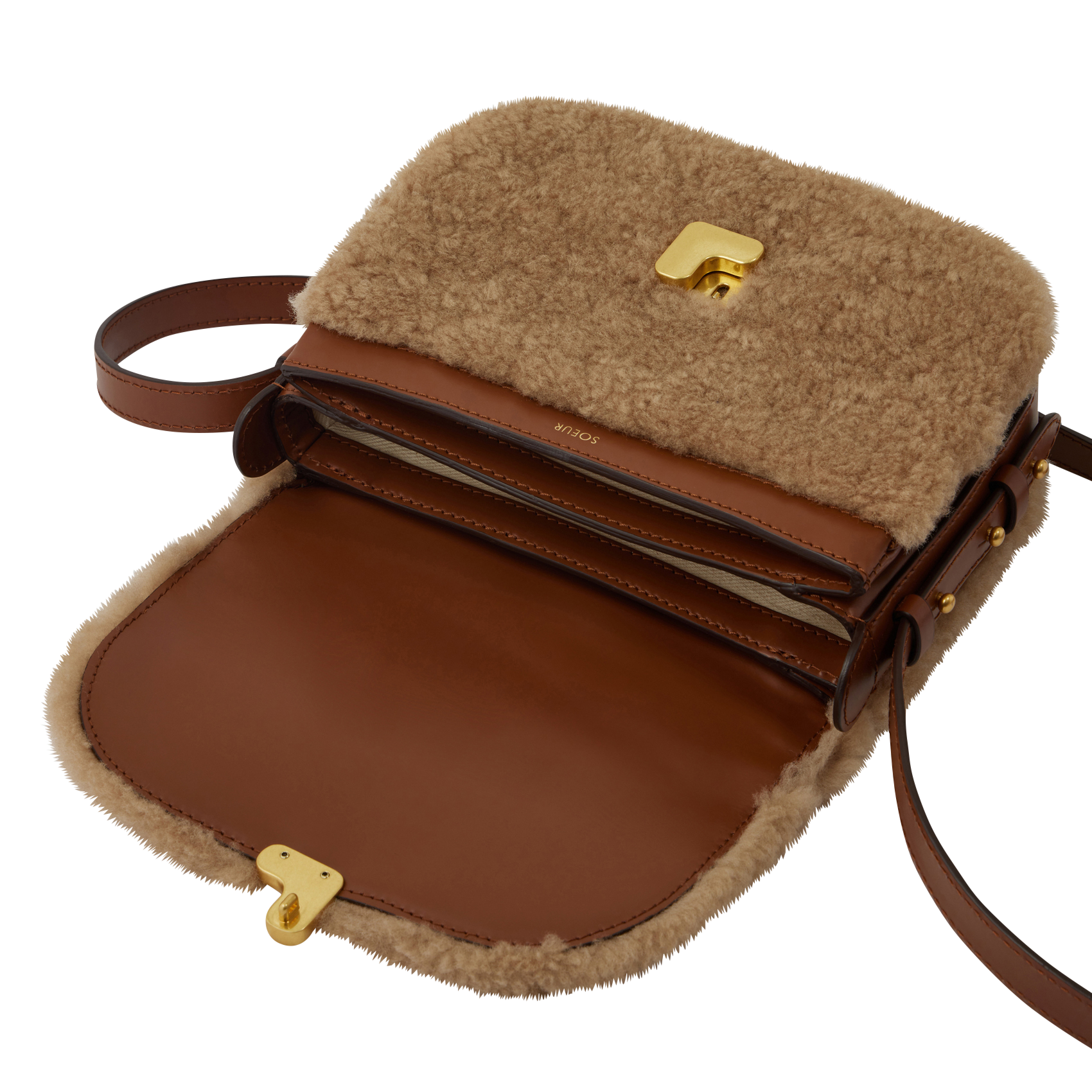 Sac bi-matière en cuir glacé et shearling  SOEUR Marron