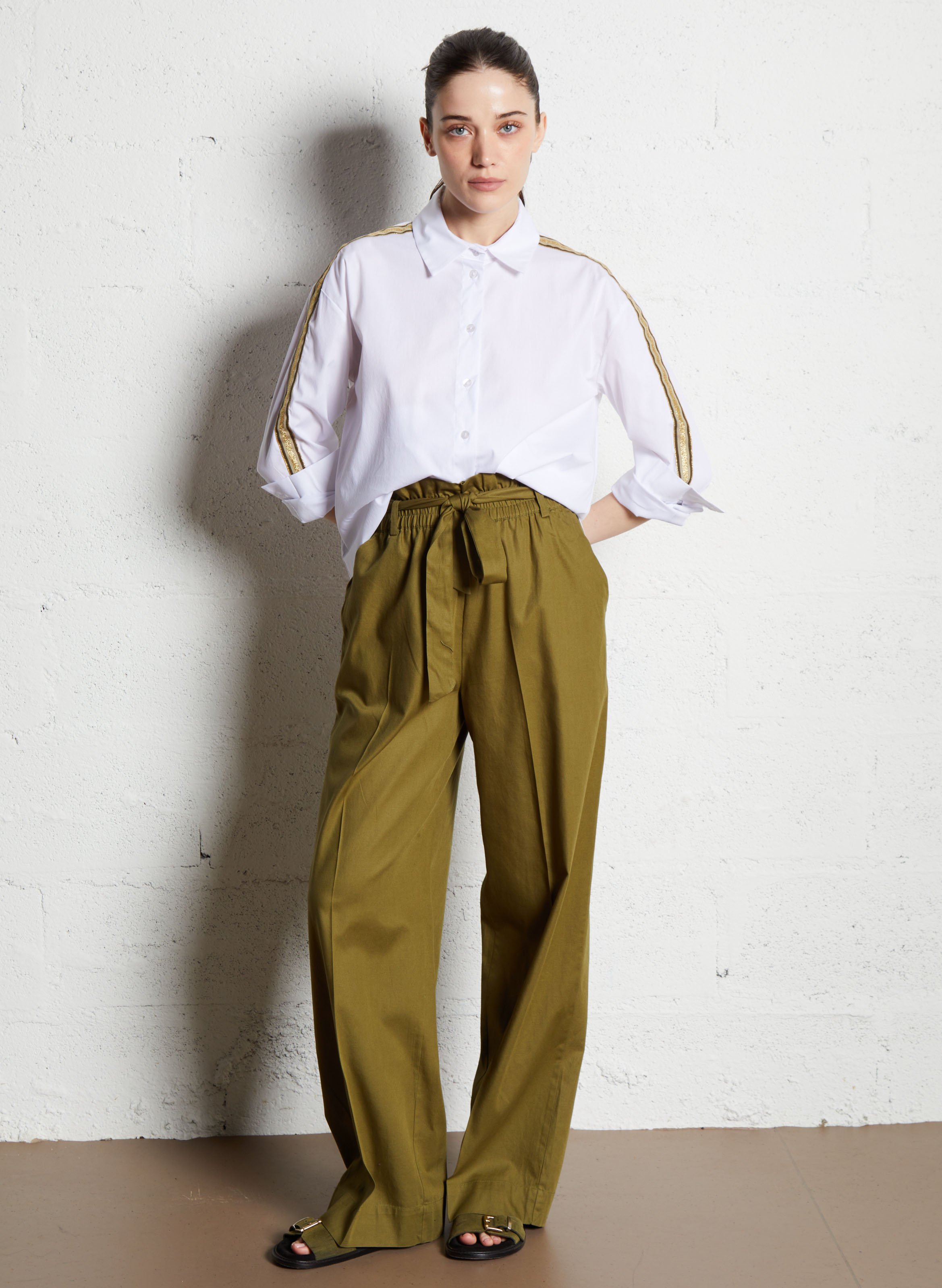 Wide-leg high-waisted cotton-blend pants VILA Green