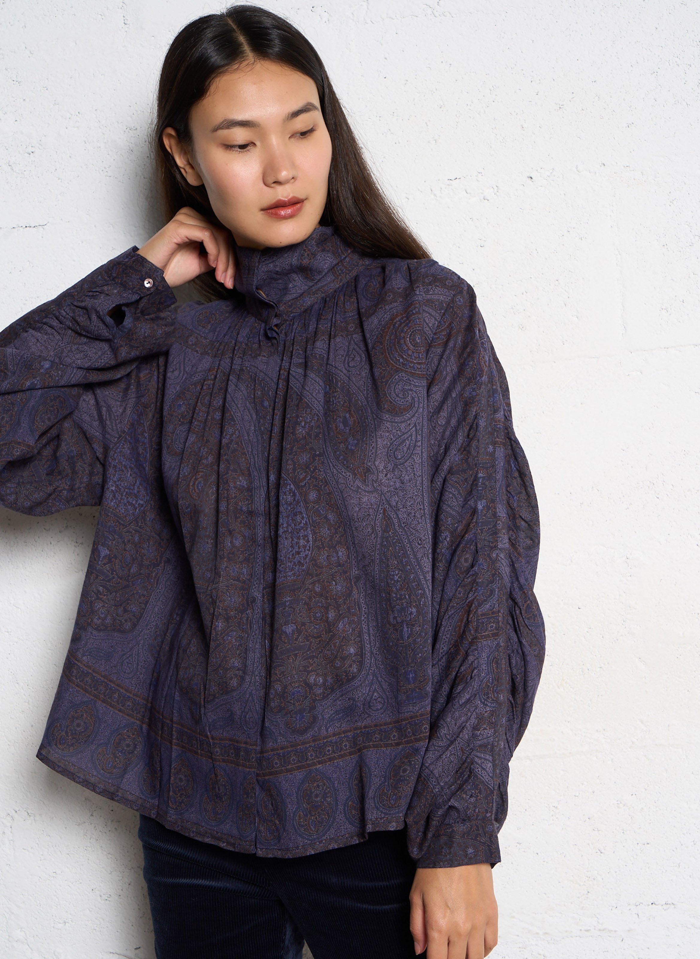 Printed cotton high-neck blouse ANTIK BATIK Blue