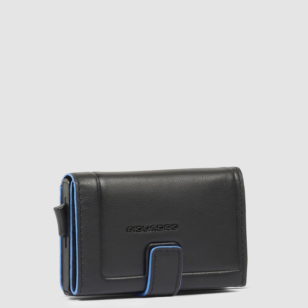 Automatic flap card holder in leather and metal with RFID protection PIQUADRO Black