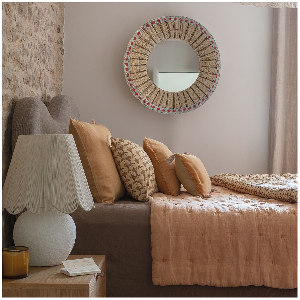 Orma mirror in paper rope - natural and coral - ø 75 cm BLANC D'IVOIRE Multicolored