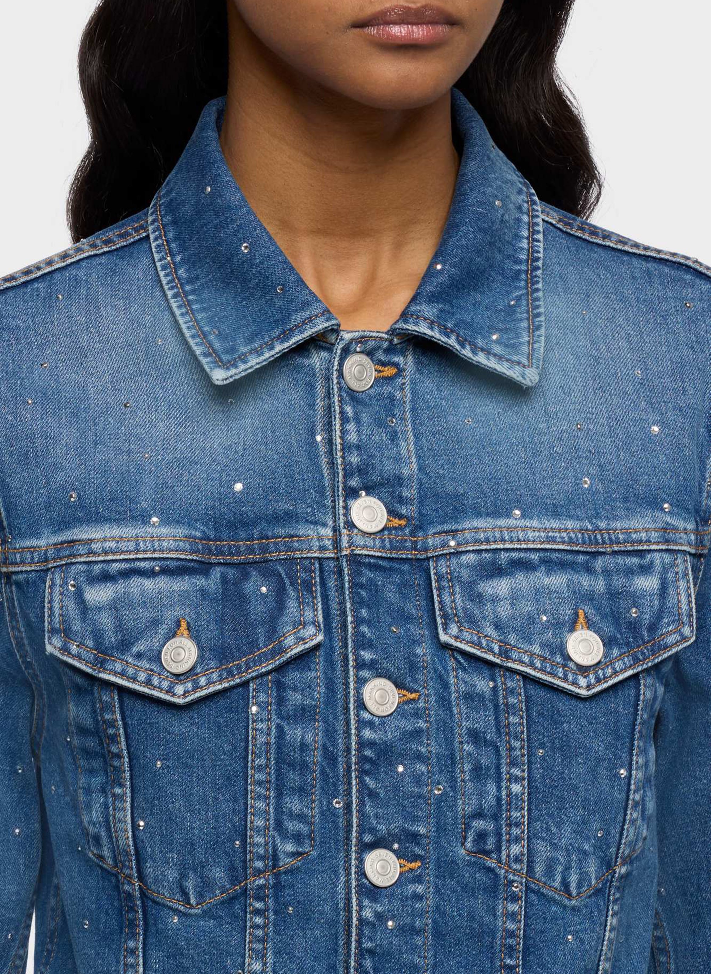 Veste courte en jean à strass 7 FOR ALL MANKIND Bleu