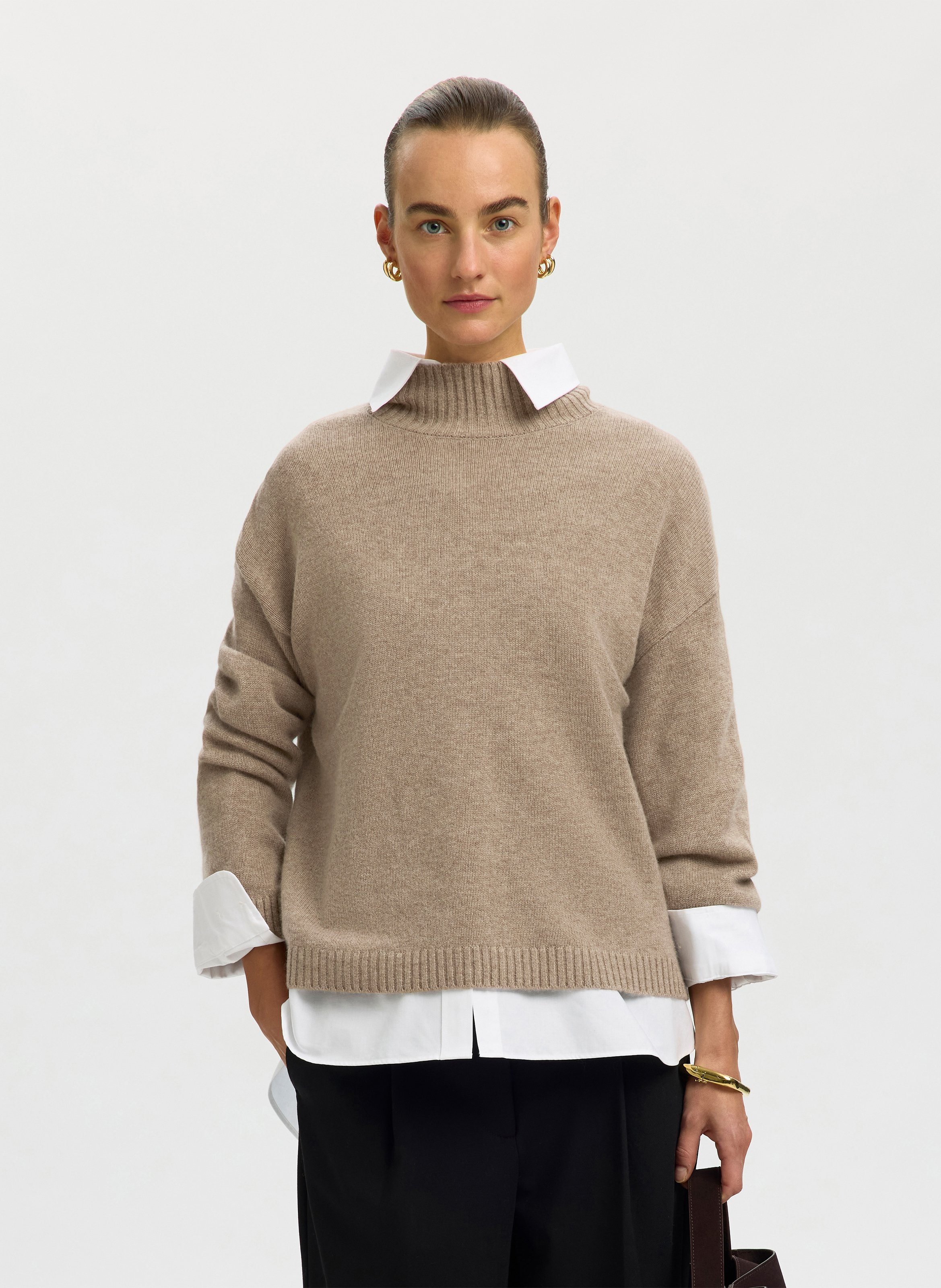 Oversized turtleneck wool and cashmere sweater SELECTED Brown