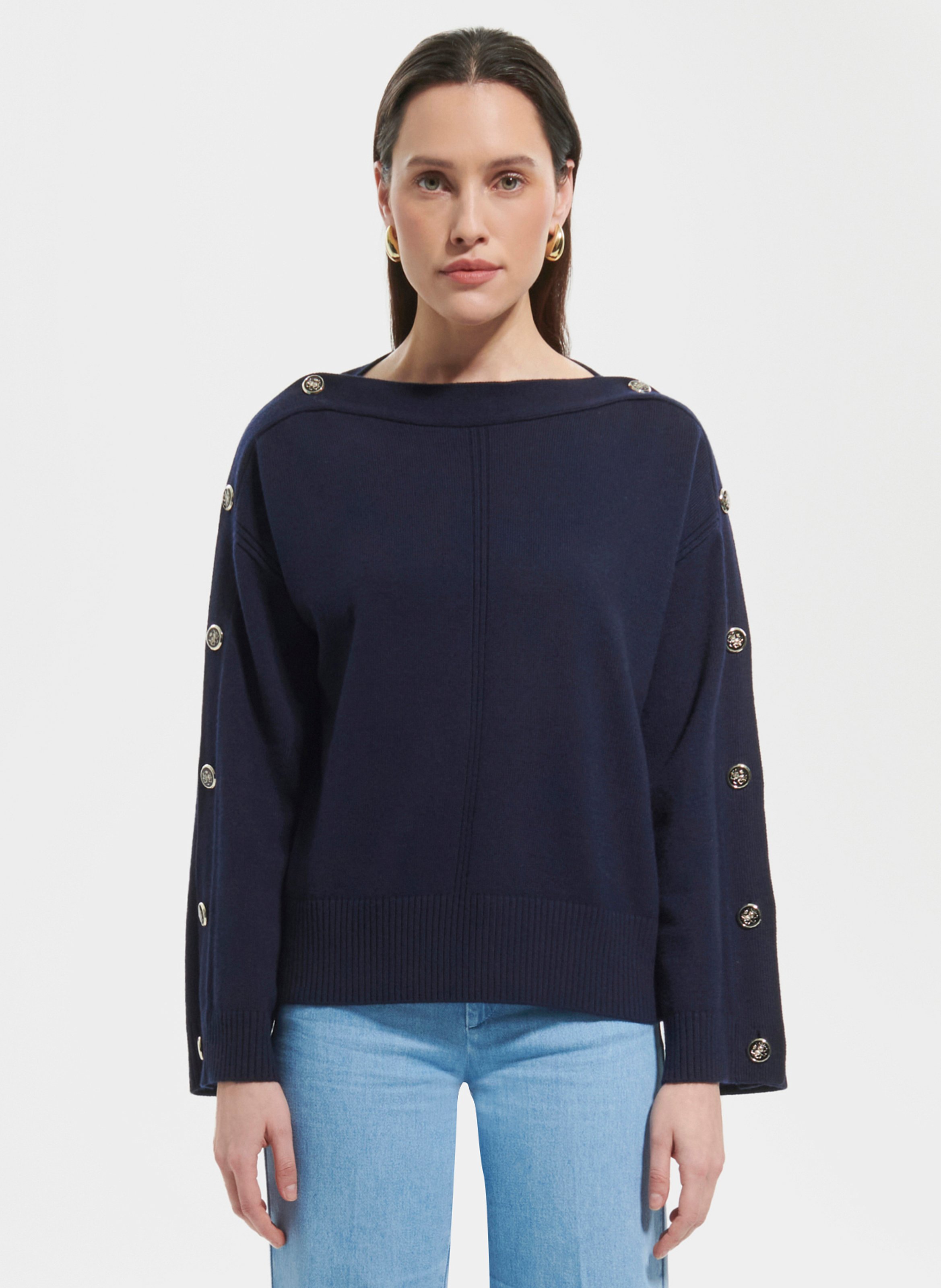 Pull droit ajoure et boutonne en laine et coton Bleu