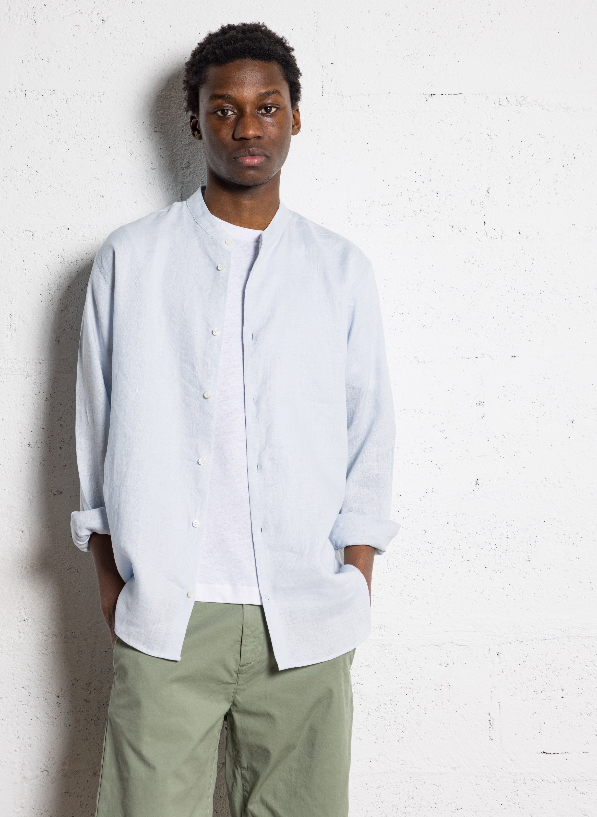 Mandarin collar linen shirt AU PRINTEMPS PARIS Blue