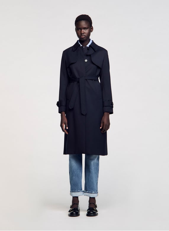 Trench coat with classic collar and pleated inset at the back Blue