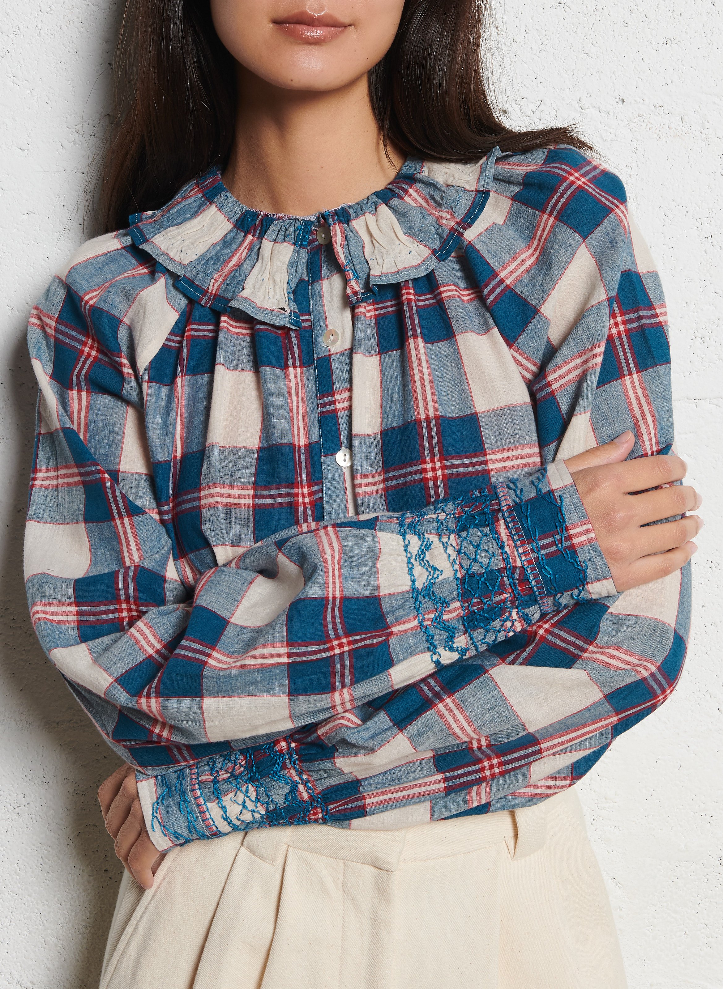 Rechte blouse met Peter Pan-kraag in ruitjespatroon V DE VINSTER Blauw