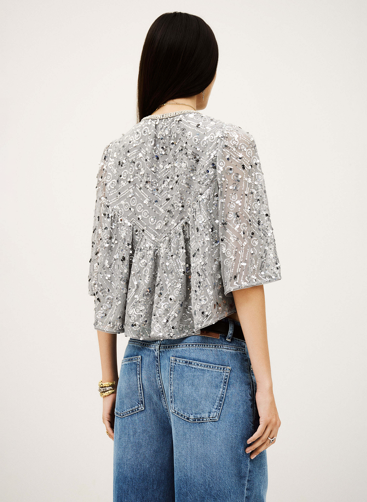 Top ample col V à sequins BA&SH Argent