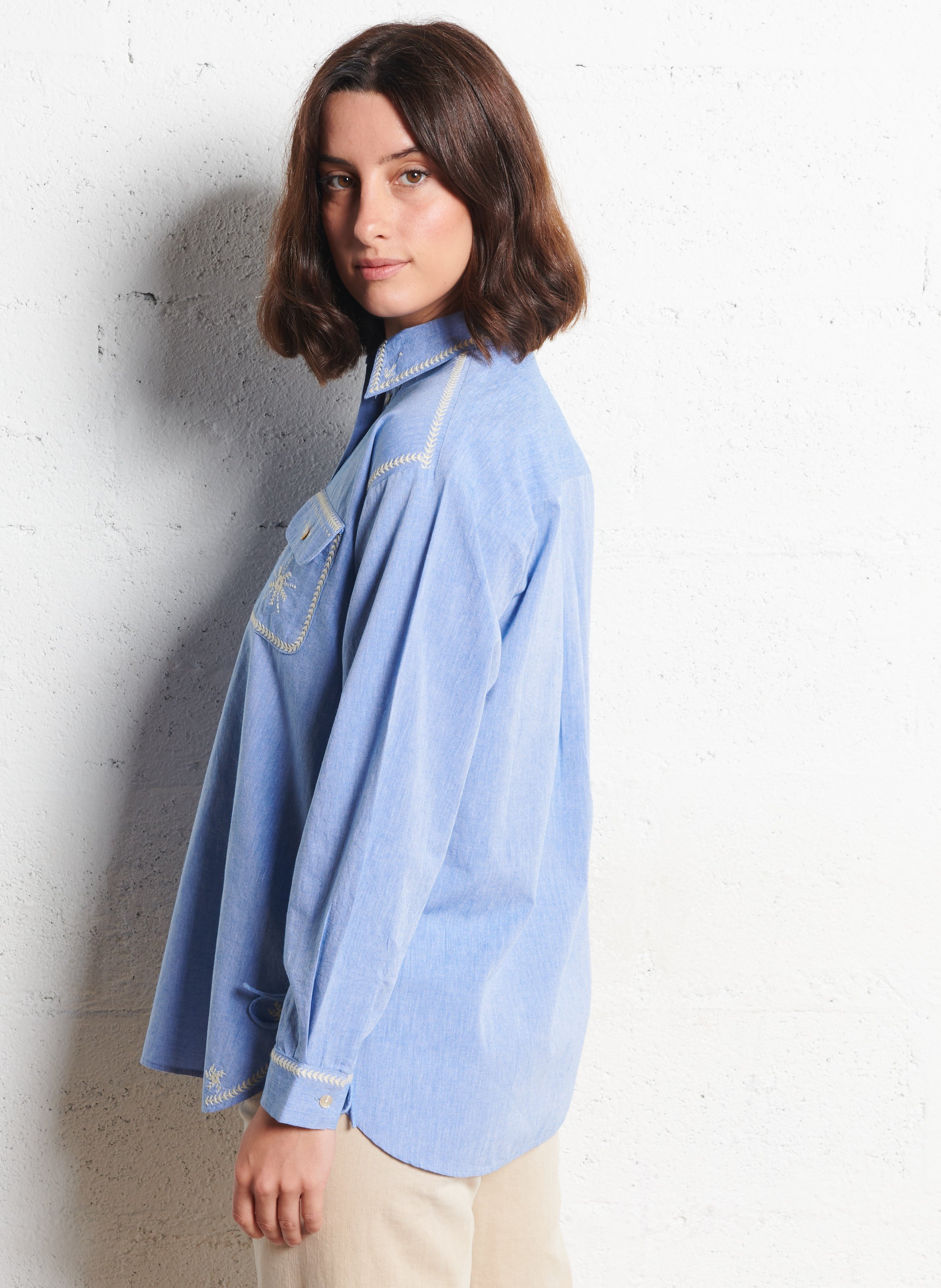 Oversized blouse with classic embroidered collar in cotton HOD PARIS Blue
