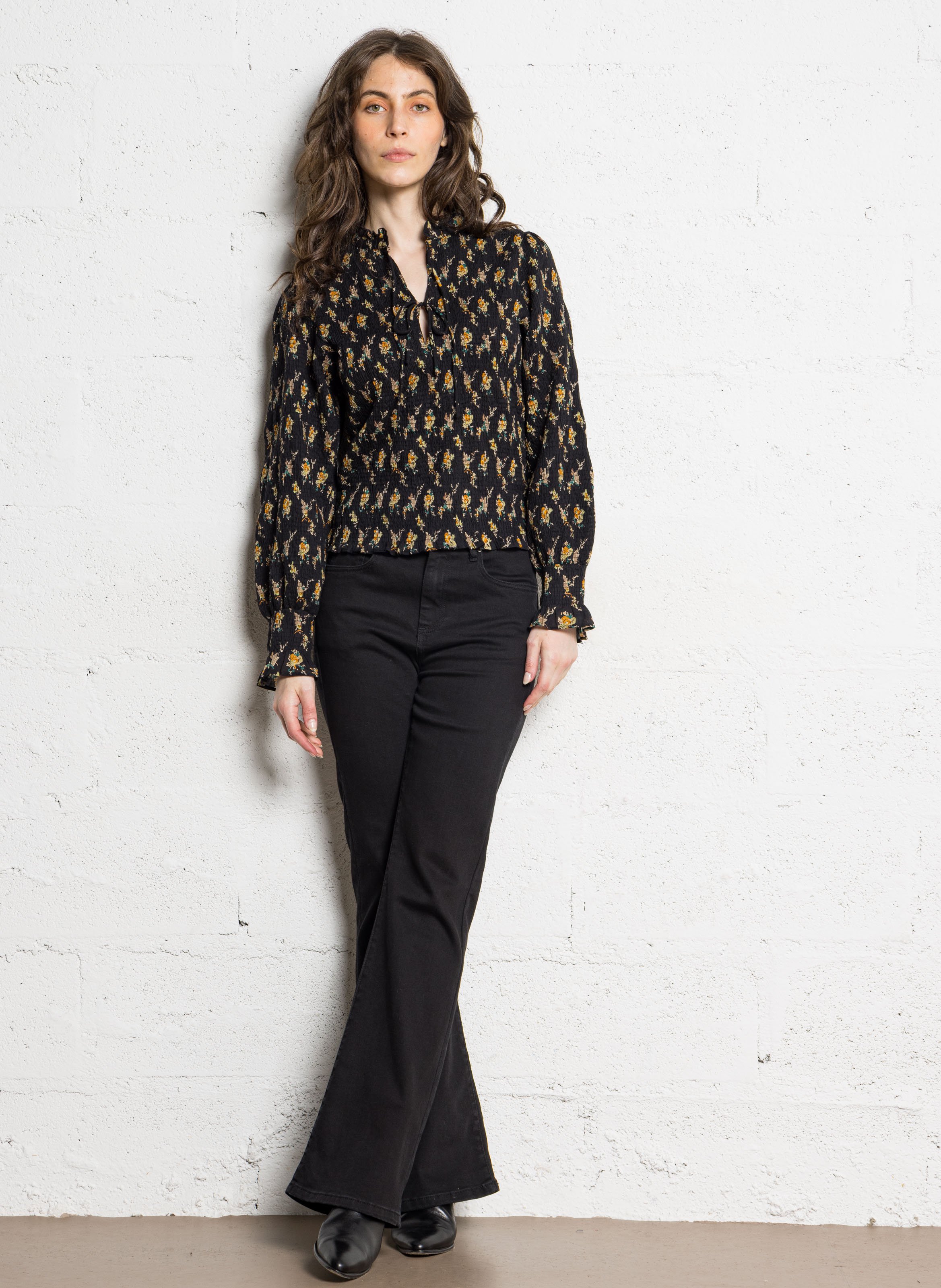 Bedruckte Bluse mit Falten aus Baumwolle ANTIK BATIK Schwarz