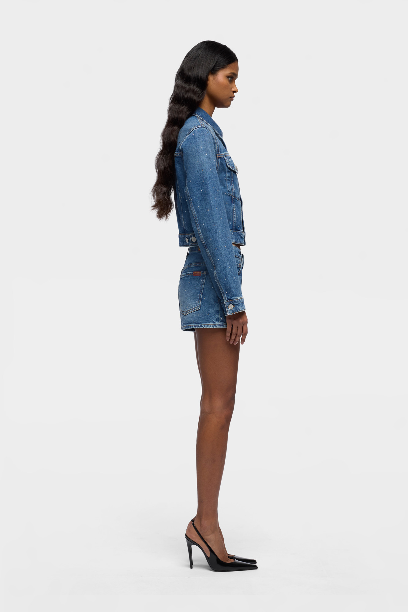 Veste courte en jean à strass 7 FOR ALL MANKIND Bleu