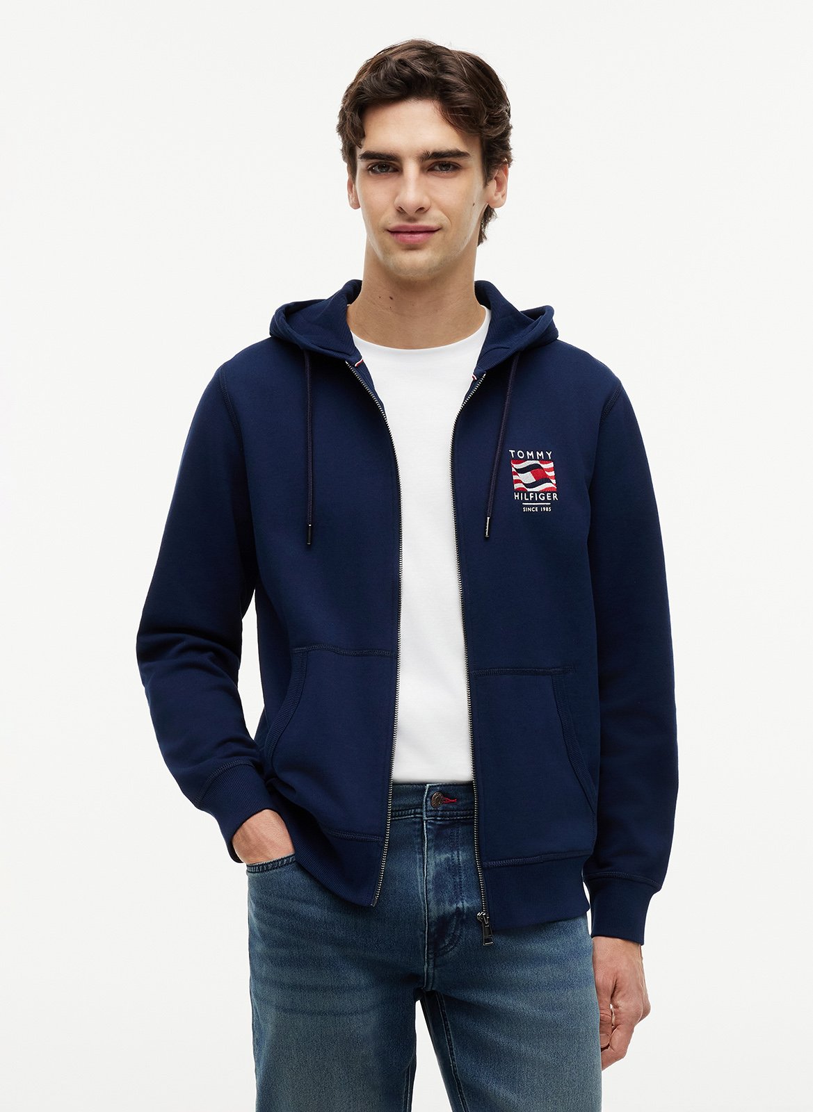 Einfarbiger Kapuzensweater mit Reißverschluss TOMMY HILFIGER Blau